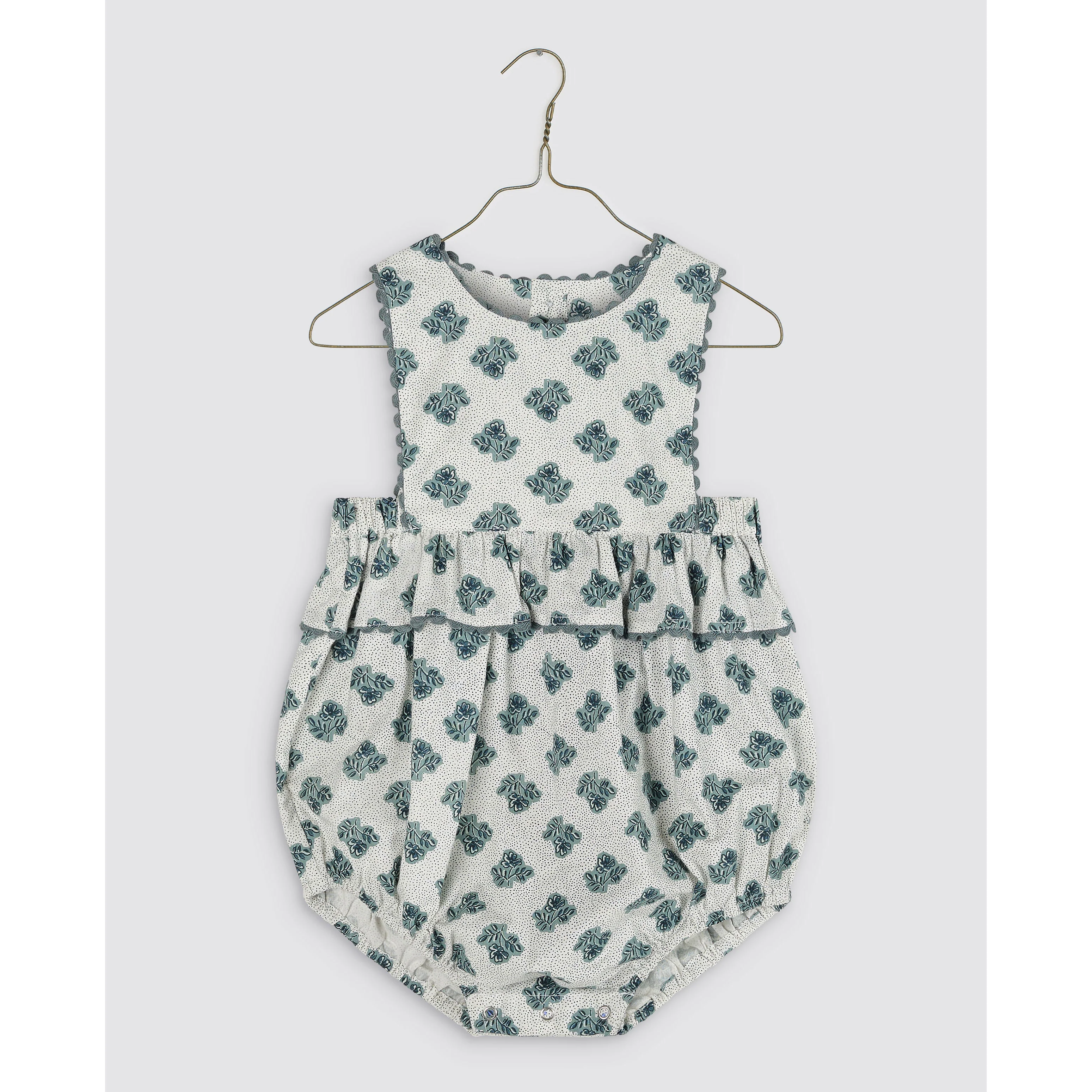 Little Cotton Clothes Hollyhock Floral Teal Frilly Bridget Romper