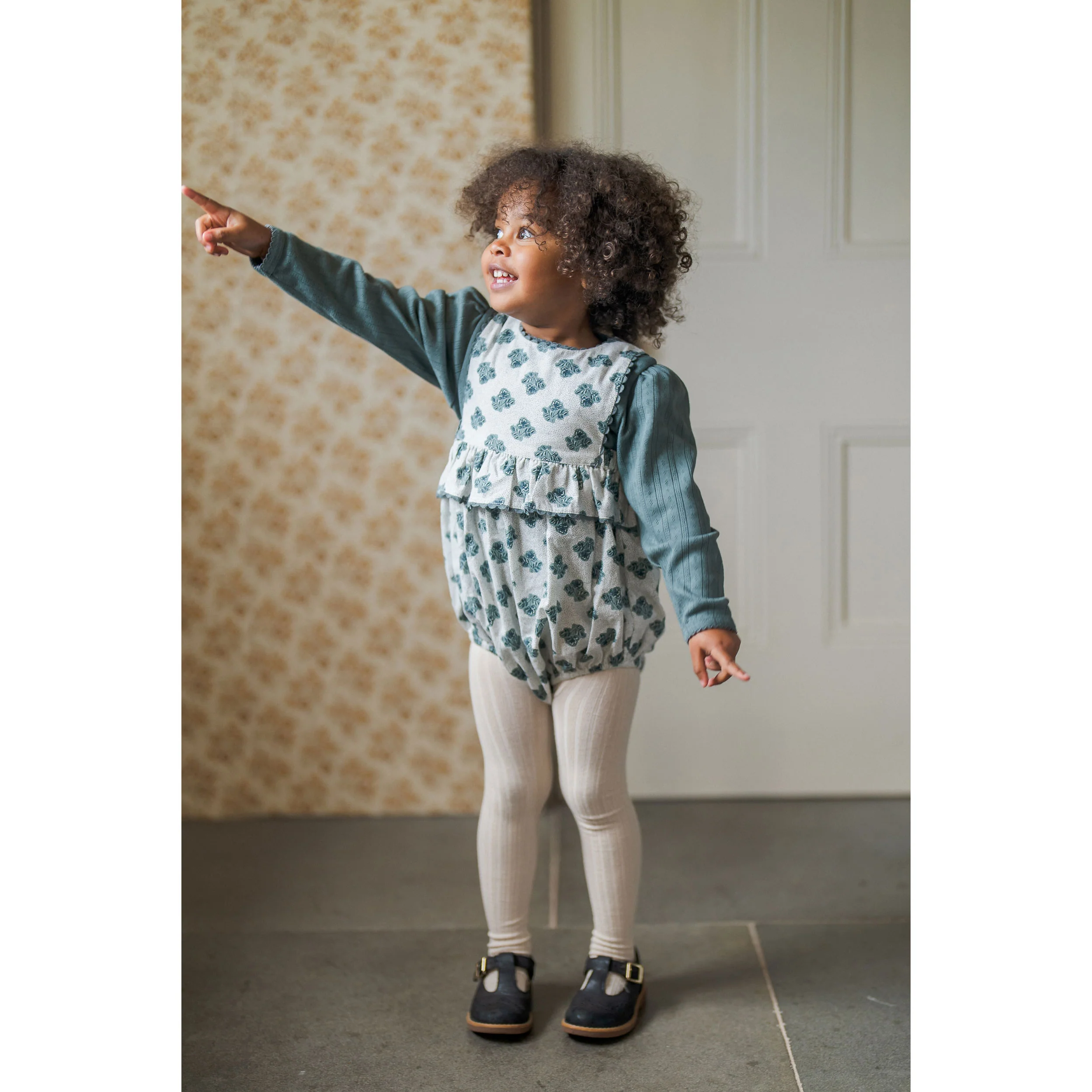 Little Cotton Clothes Hollyhock Floral Teal Frilly Bridget Romper - Image 2
