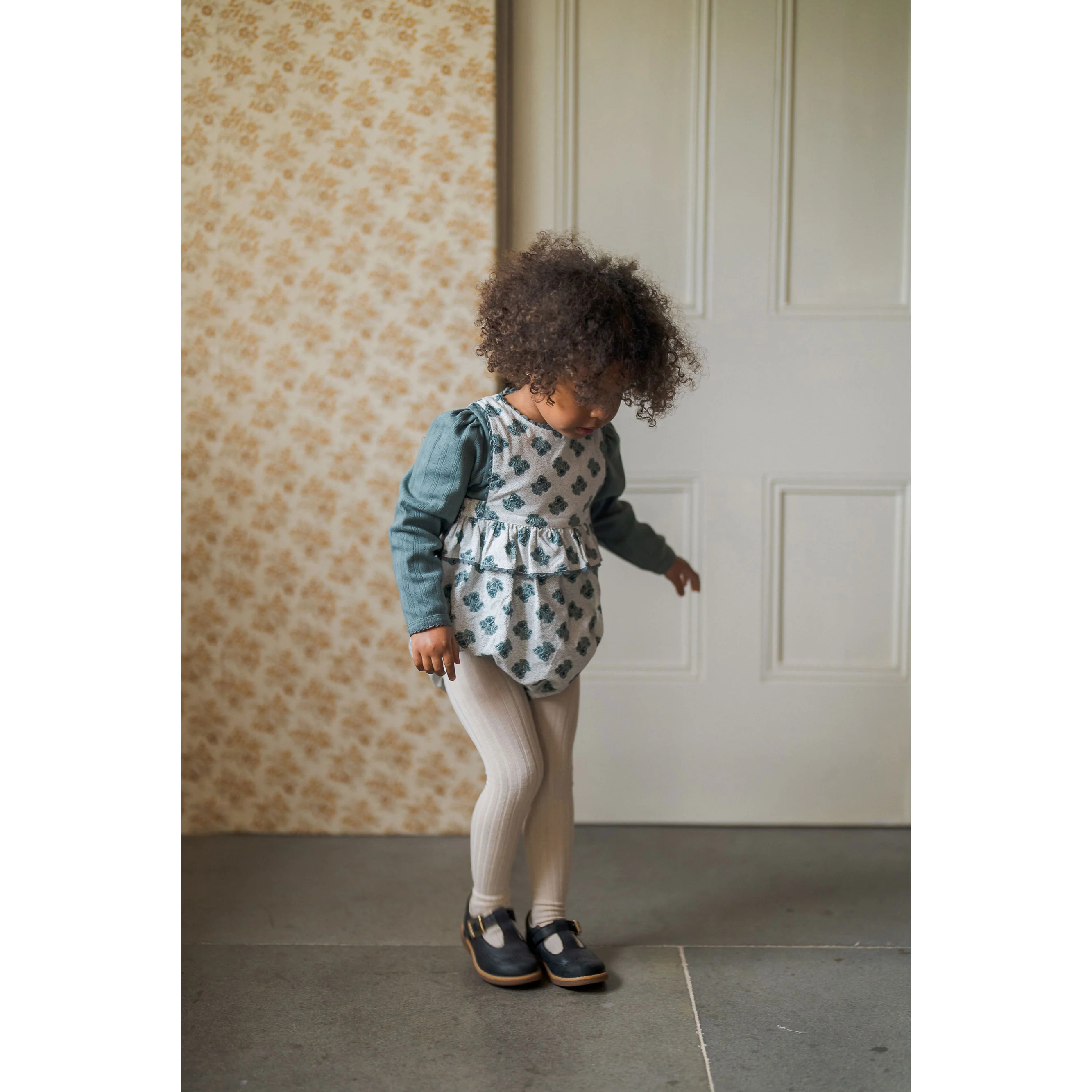 Little Cotton Clothes Hollyhock Floral Teal Frilly Bridget Romper - Image 3