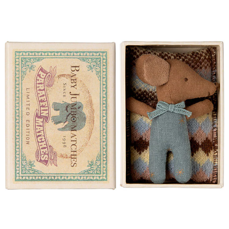 Maileg Sleepy Wakey Baby Mouse In Matchbox - Blue