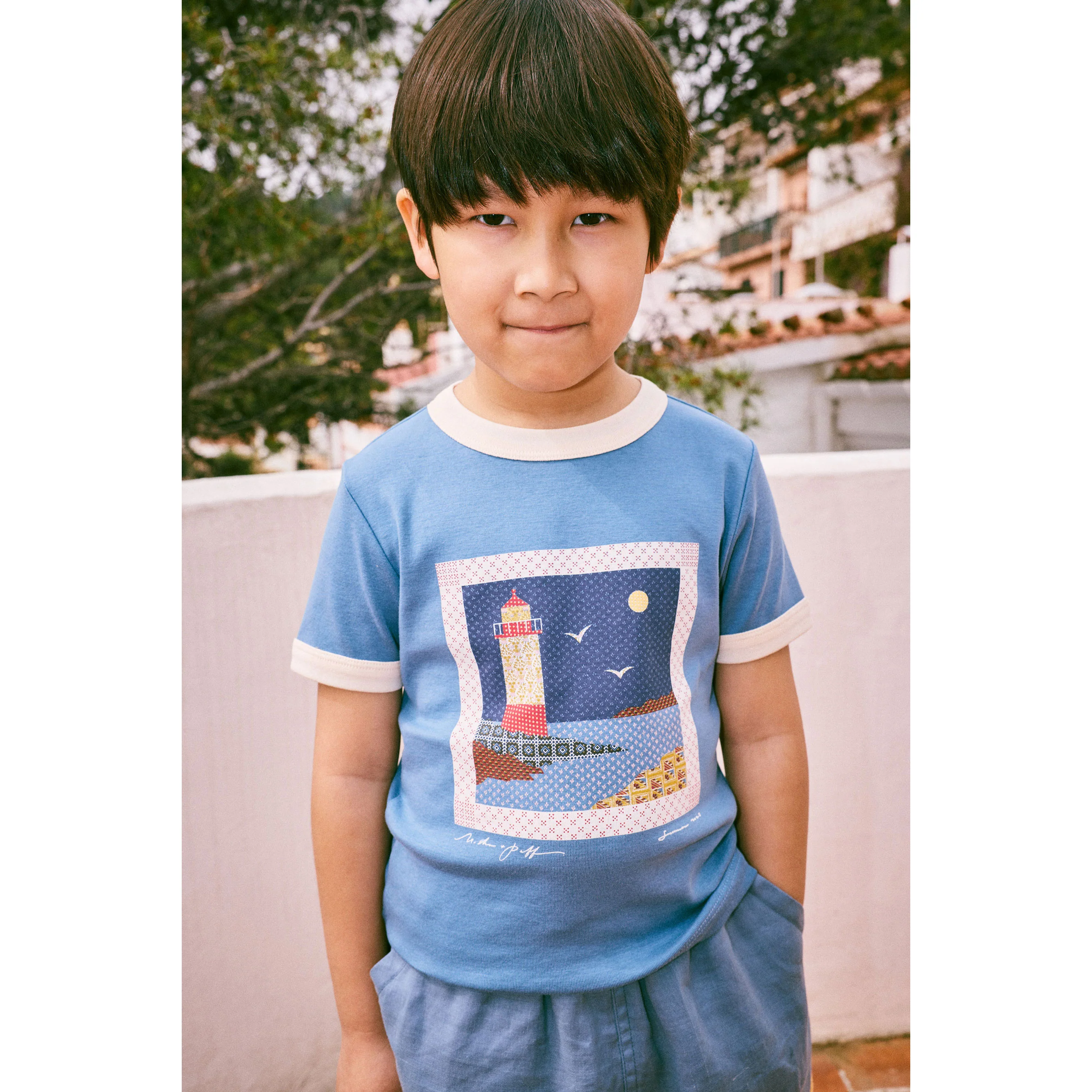 Misha and Puff Blue Slate Lighthouse Collage Ringer Tee - Image 2