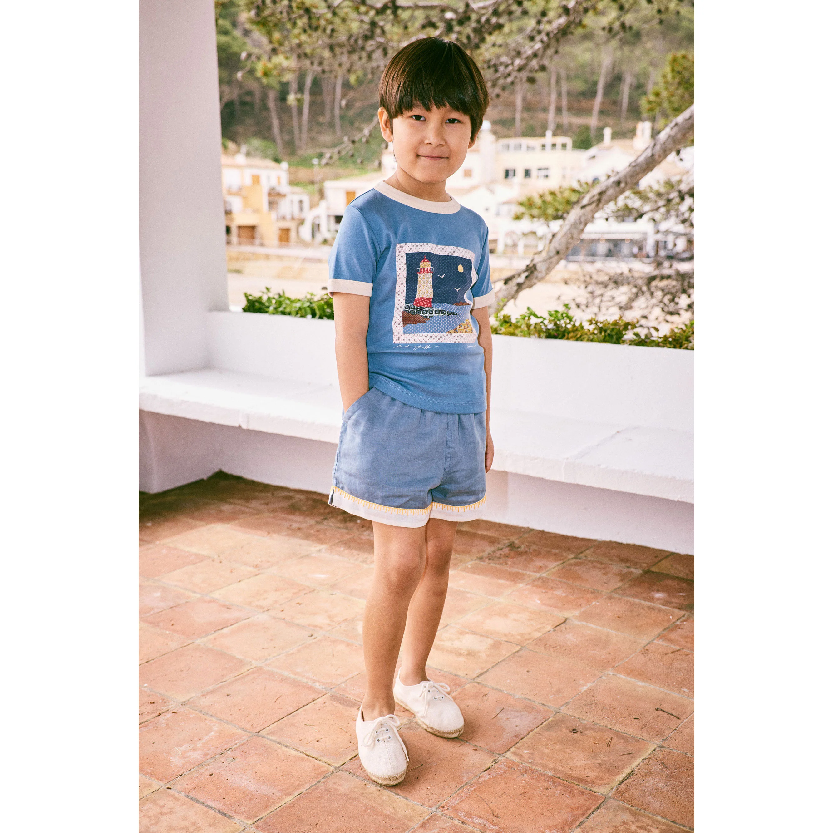 Misha and Puff Blue Slate Lighthouse Collage Ringer Tee - Image 3