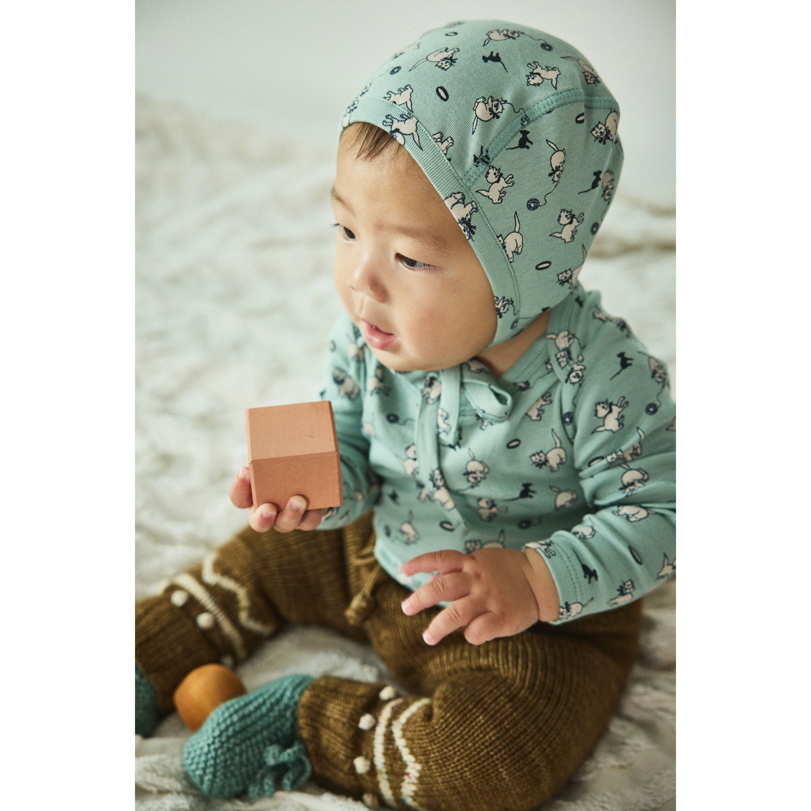 Misha and Puff Sage Cat & Mouse Baby Pima Bonnet - Image 2