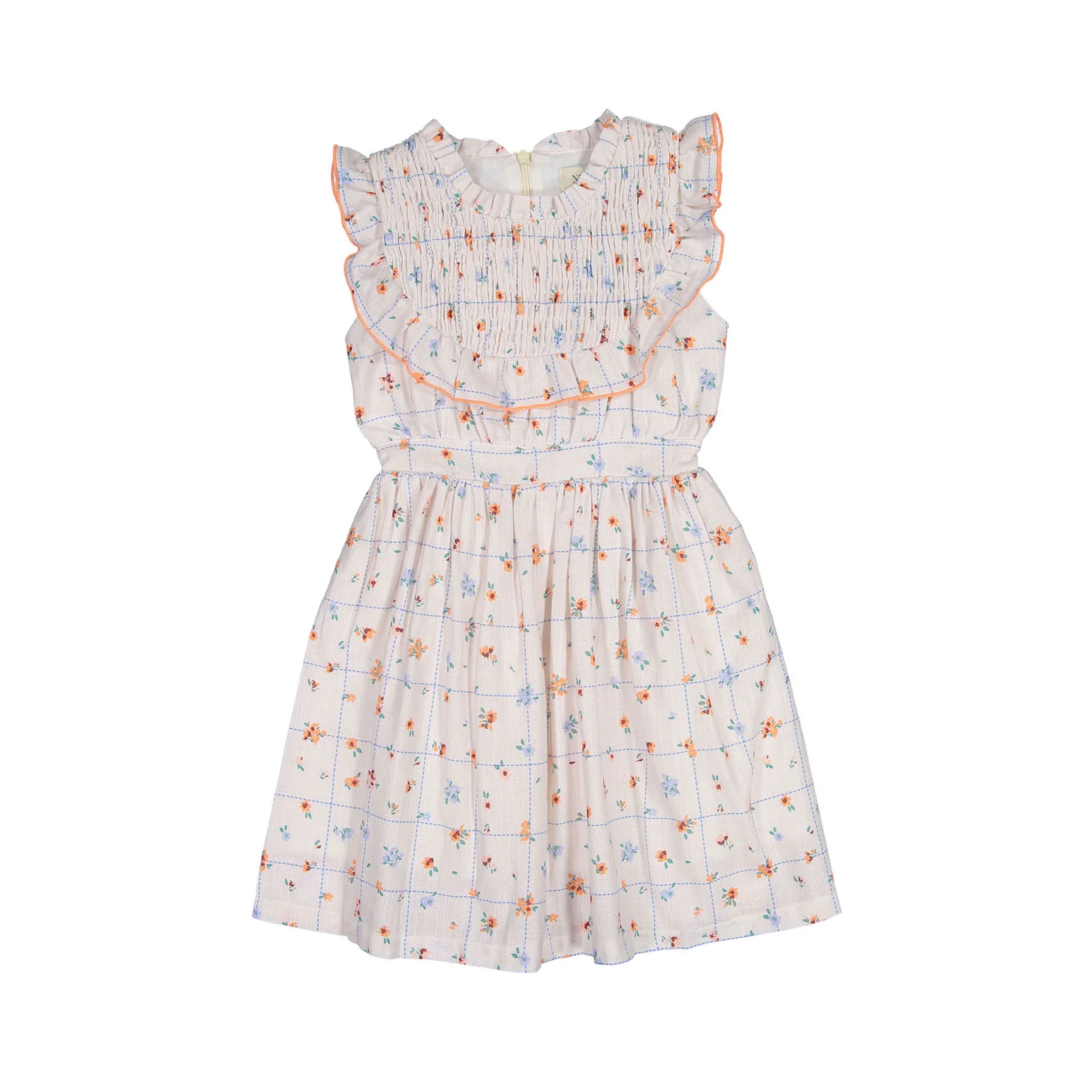 Nueces Coral Flower Plaid Charm Smocked Midi Dress