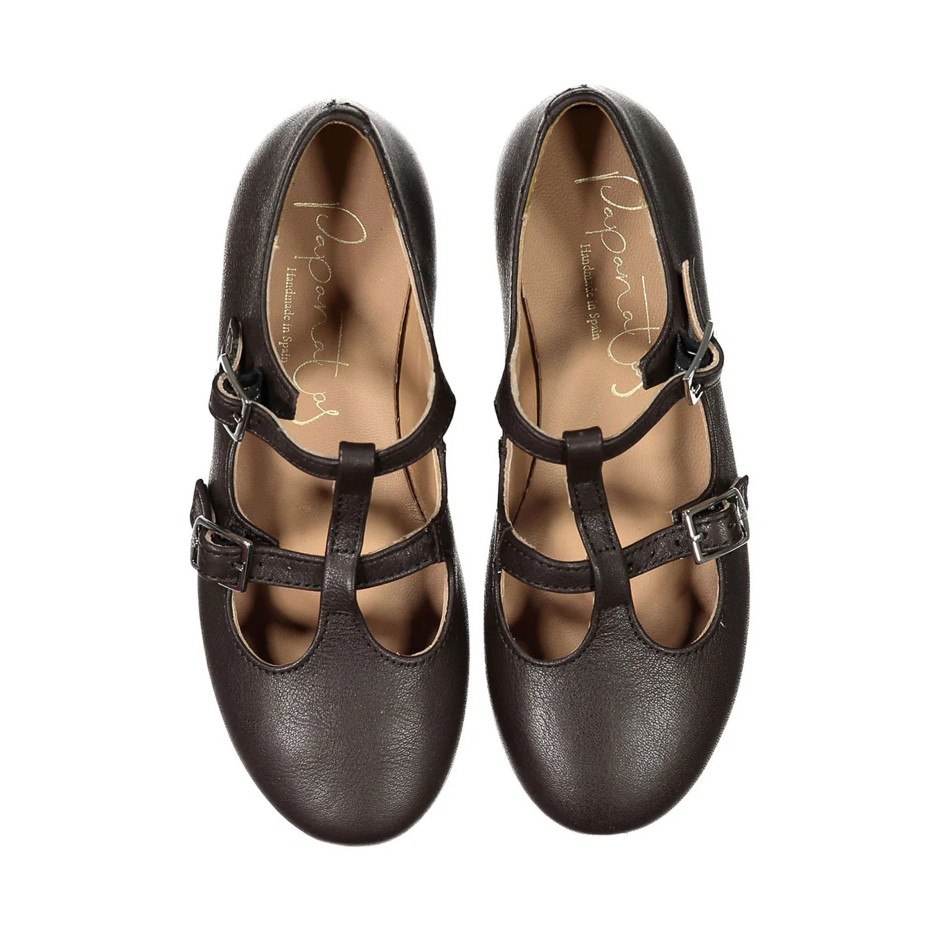 Papanatas Brown Leather Double T-Strap Flats
