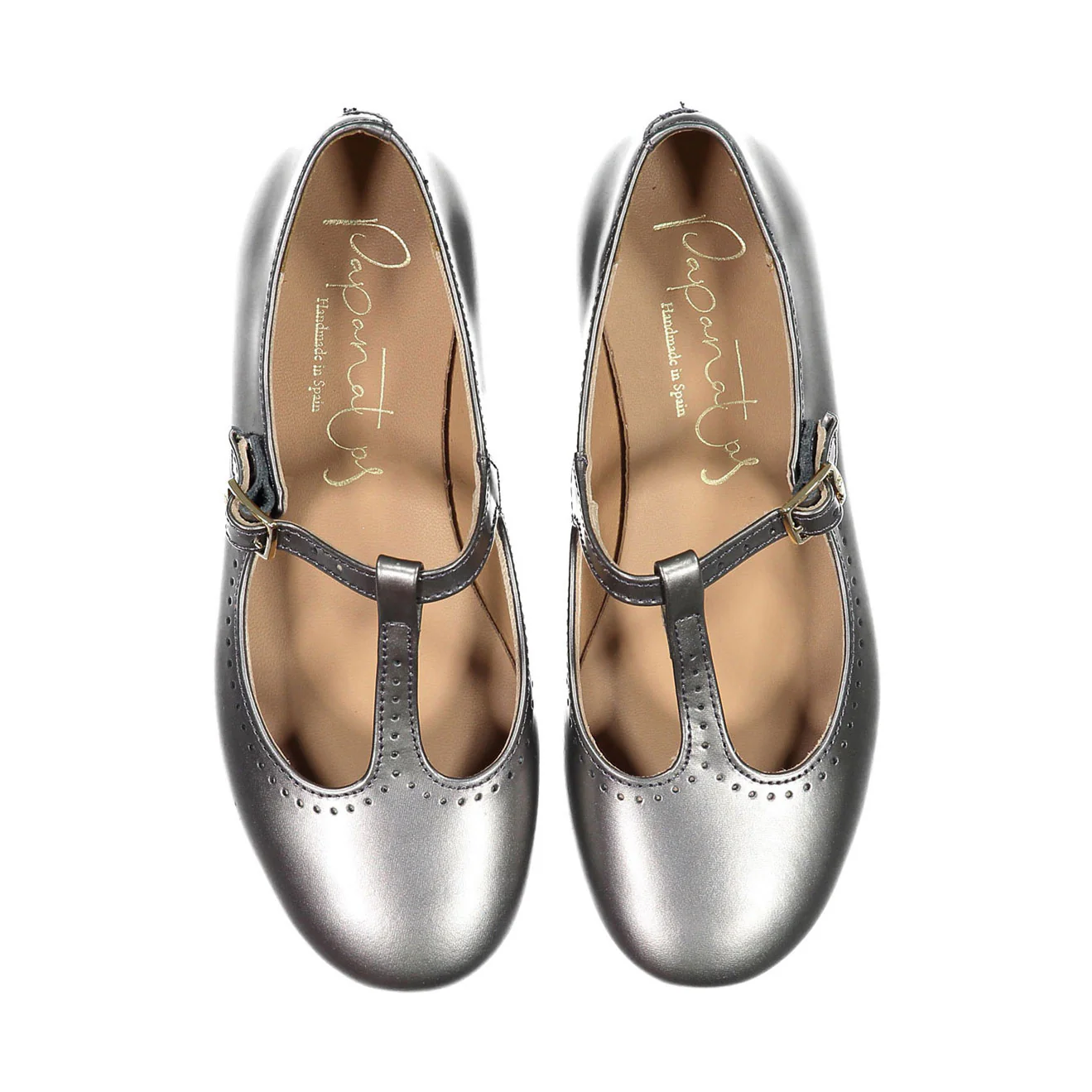 Papanatas Silver Metallic T-Strap Flat