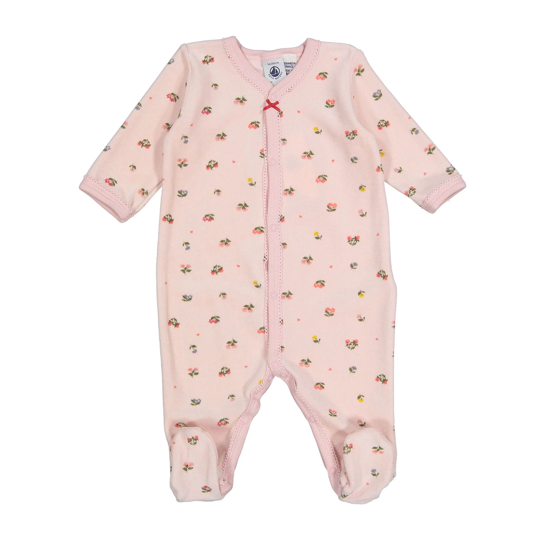 Petit Bateau Pink Multi Velour Front Snap Floral Footie