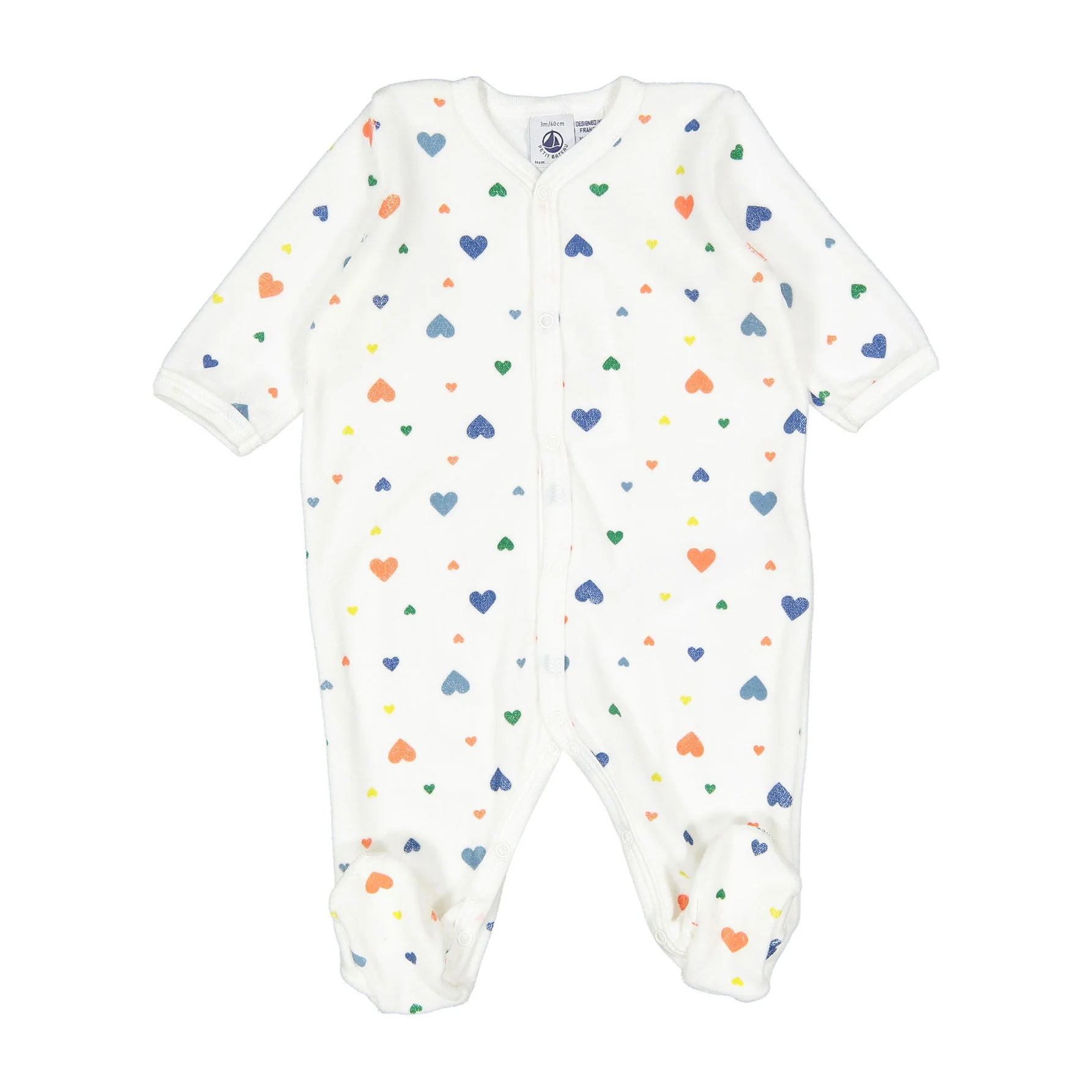Petit Bateau White Multi Hearts Velour Front Snap Footie
