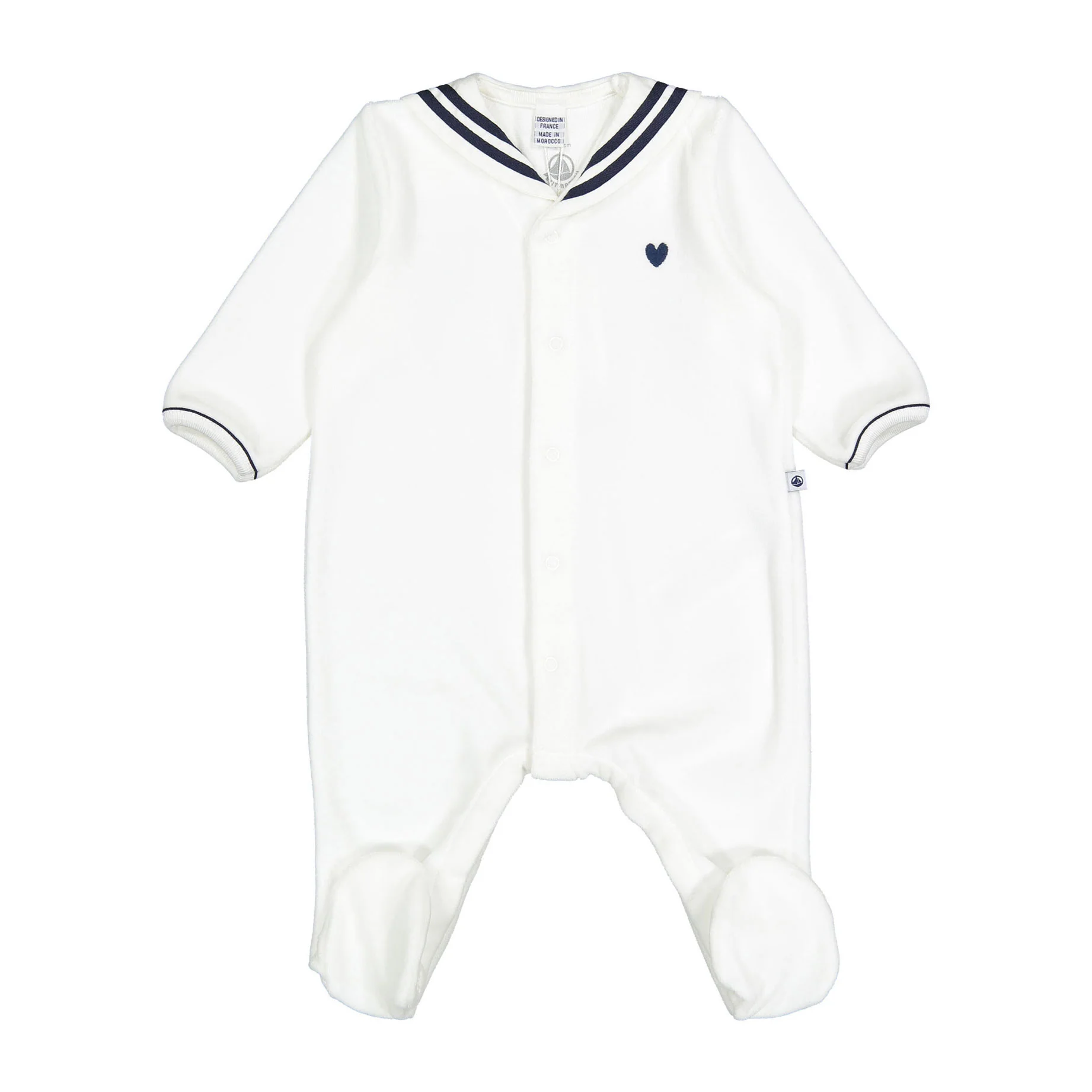 Petit Bateau White Velour Sailor Collar Footie