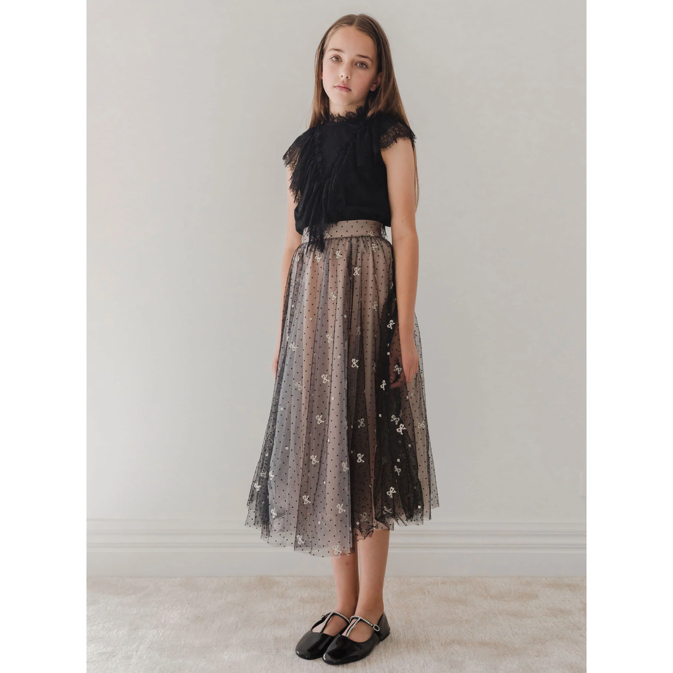Petite Amalie Black/Pink Embroidered Bow Tulle Skirt - Image 2