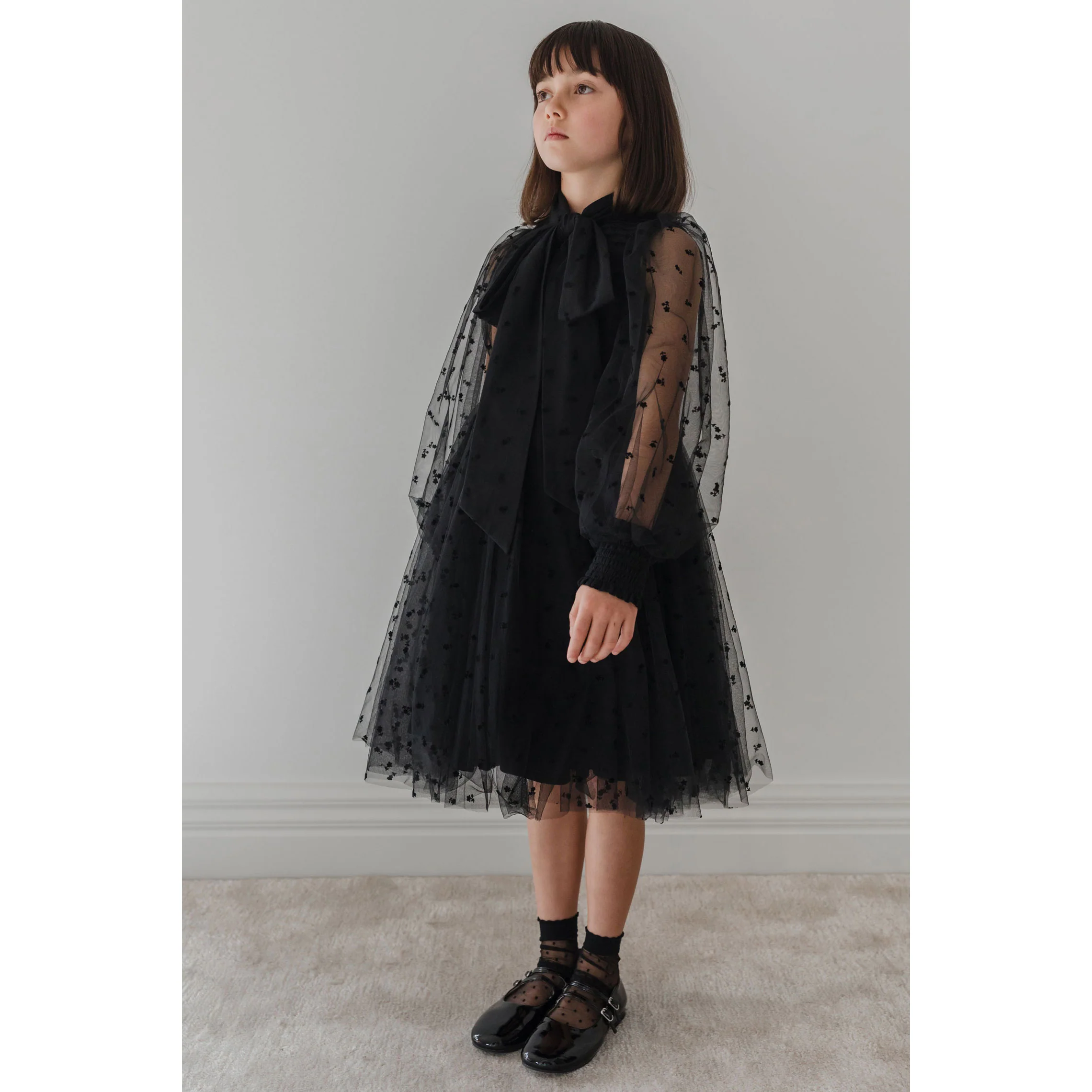 Petite Amalie Black Rose Flocked Mesh Bow Dress - Image 2