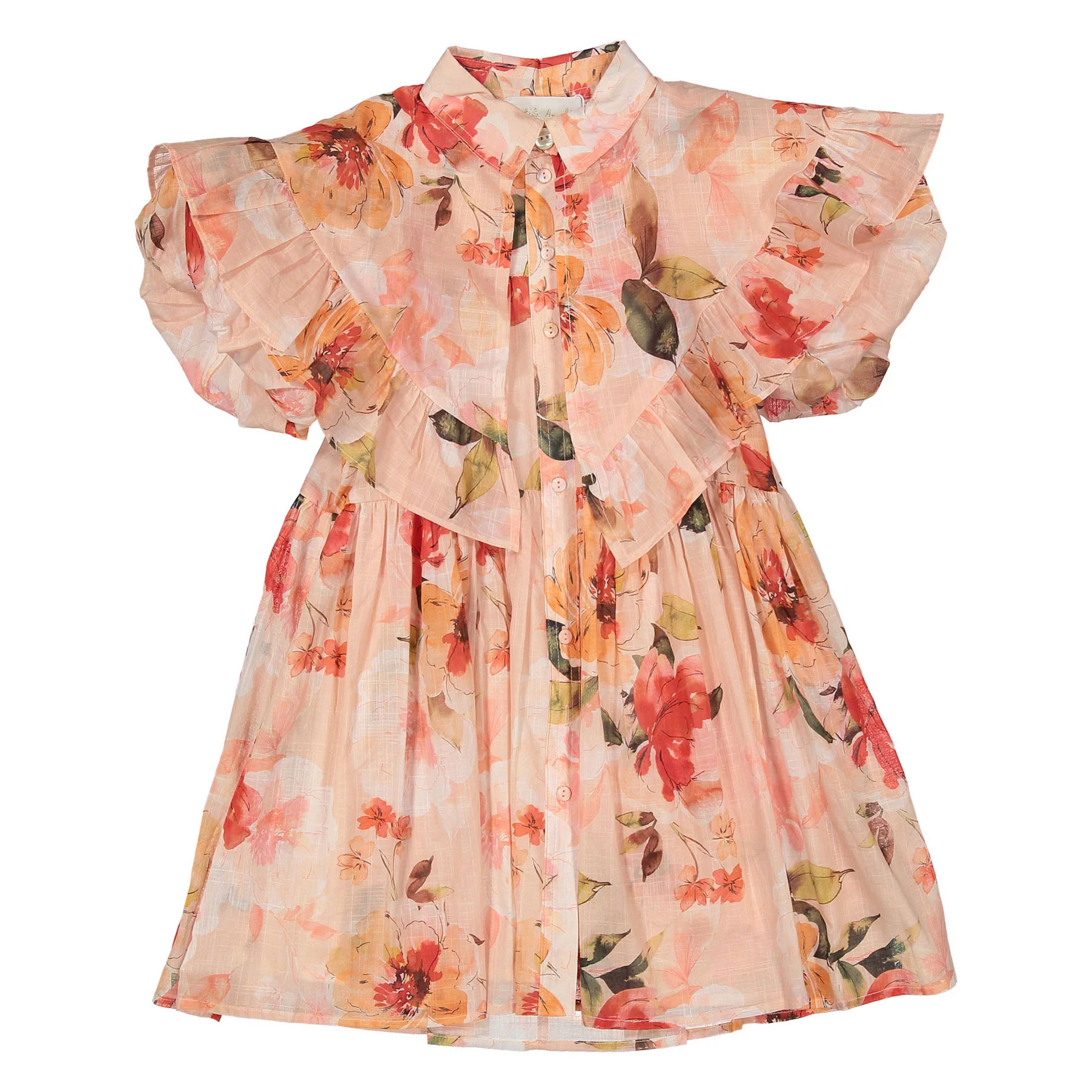 Petite Amalie Peach Peony Linen Collar Dress