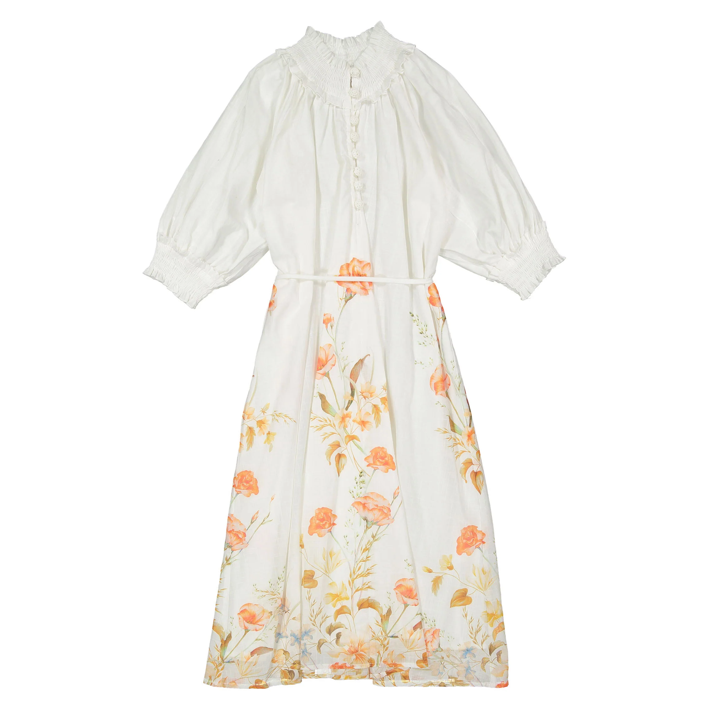 Petite Amalie White Border Floral Linen Dress