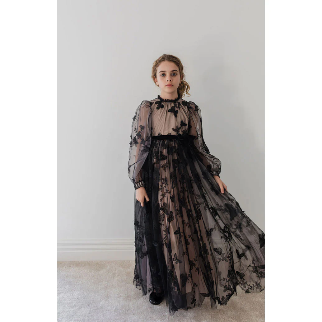 Petite Gold Black Butterfly Tulle Gown - Image 2