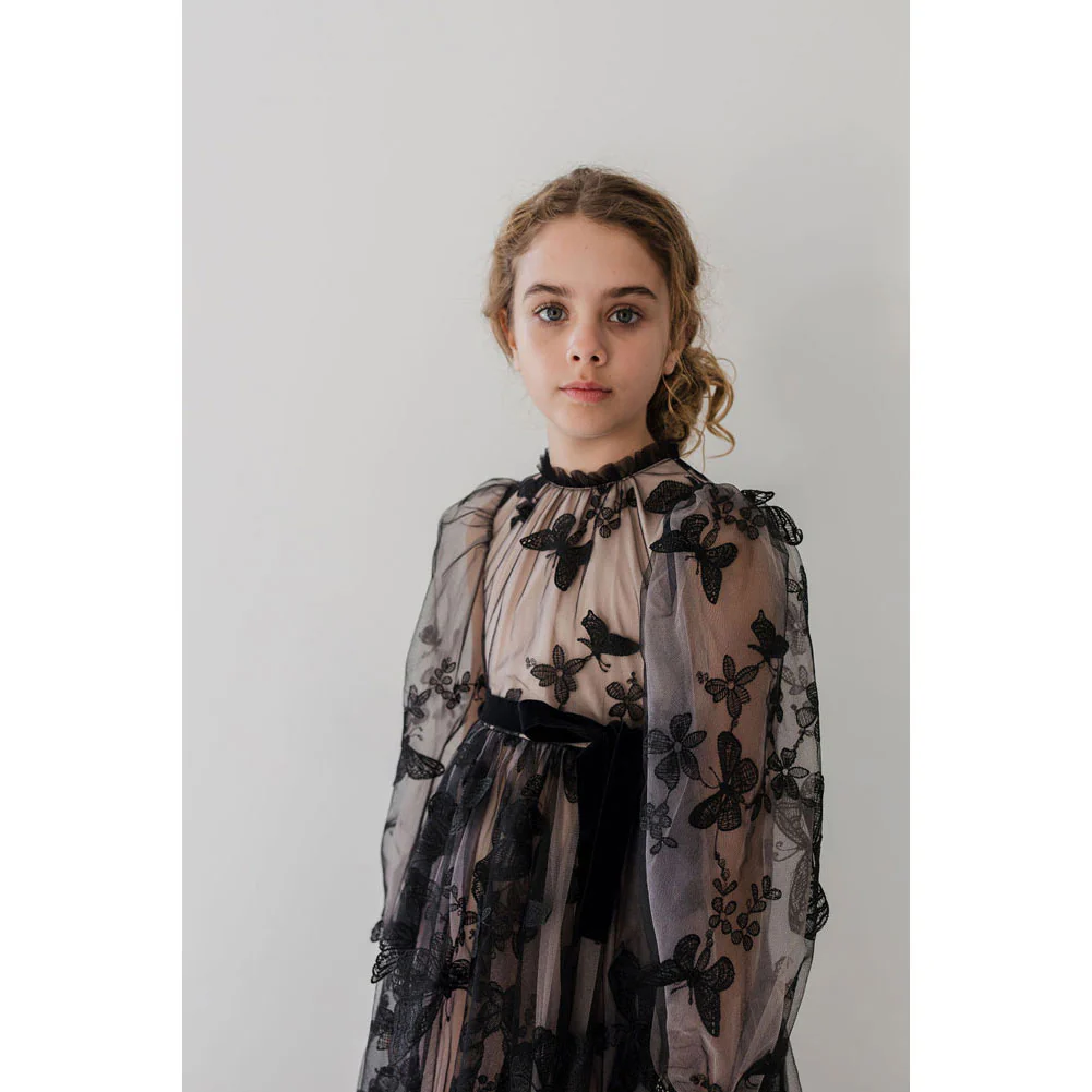 Petite Gold Black Butterfly Tulle Gown - Image 3