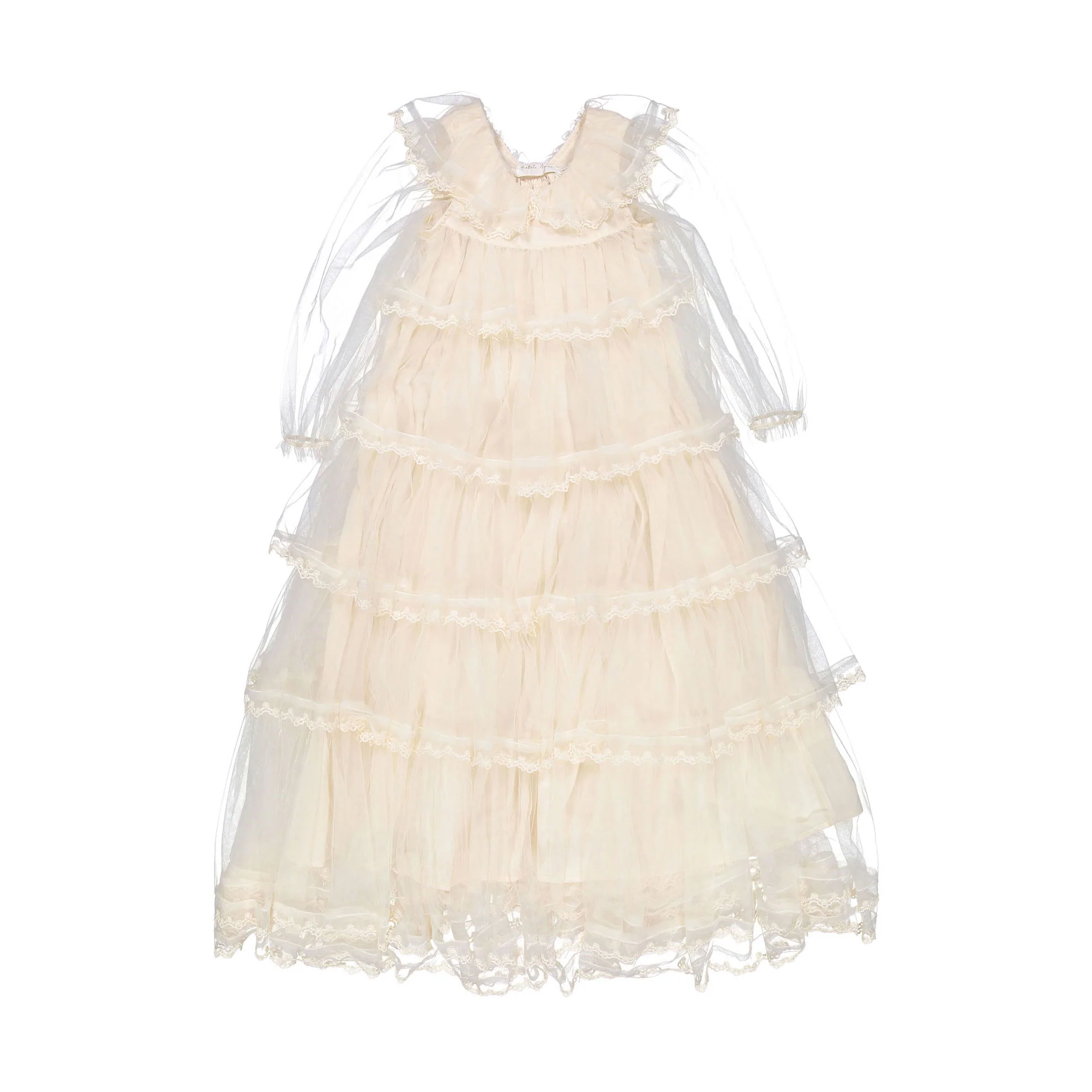 Petite Gold Ivory Long Sleeve Layers Tulle Gown