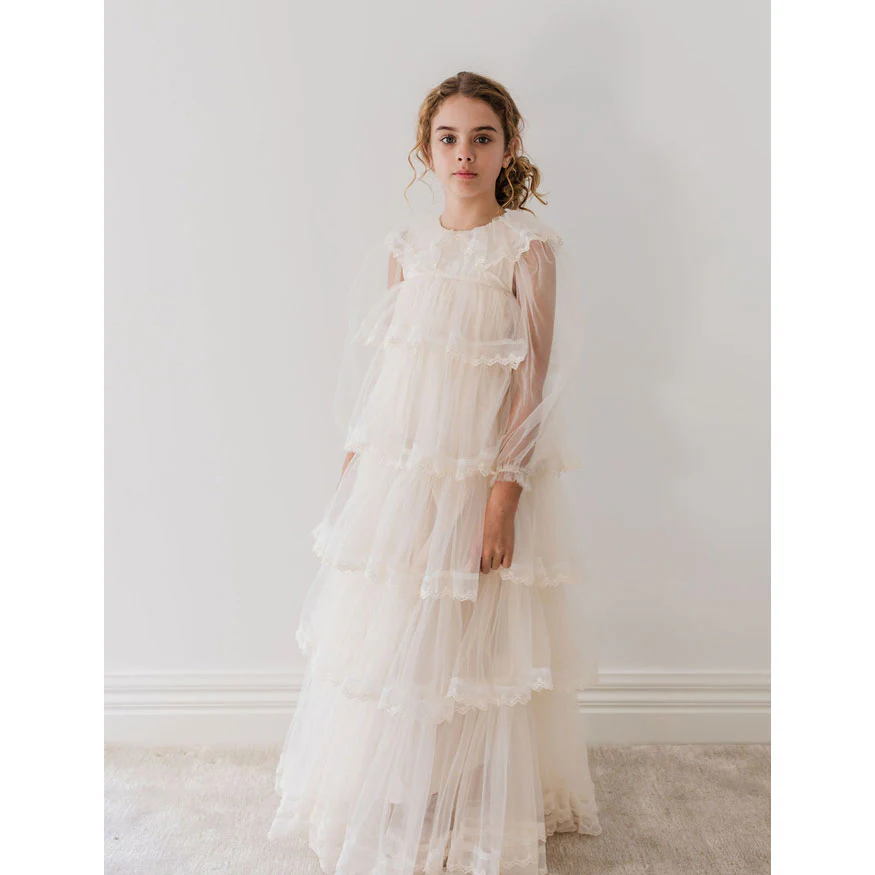 Petite Gold Ivory Long Sleeve Layers Tulle Gown - Image 2