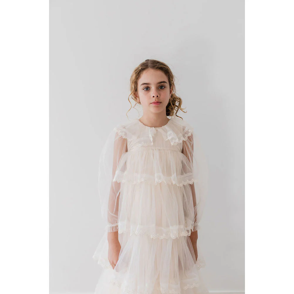 Petite Gold Ivory Long Sleeve Layers Tulle Gown - Image 3