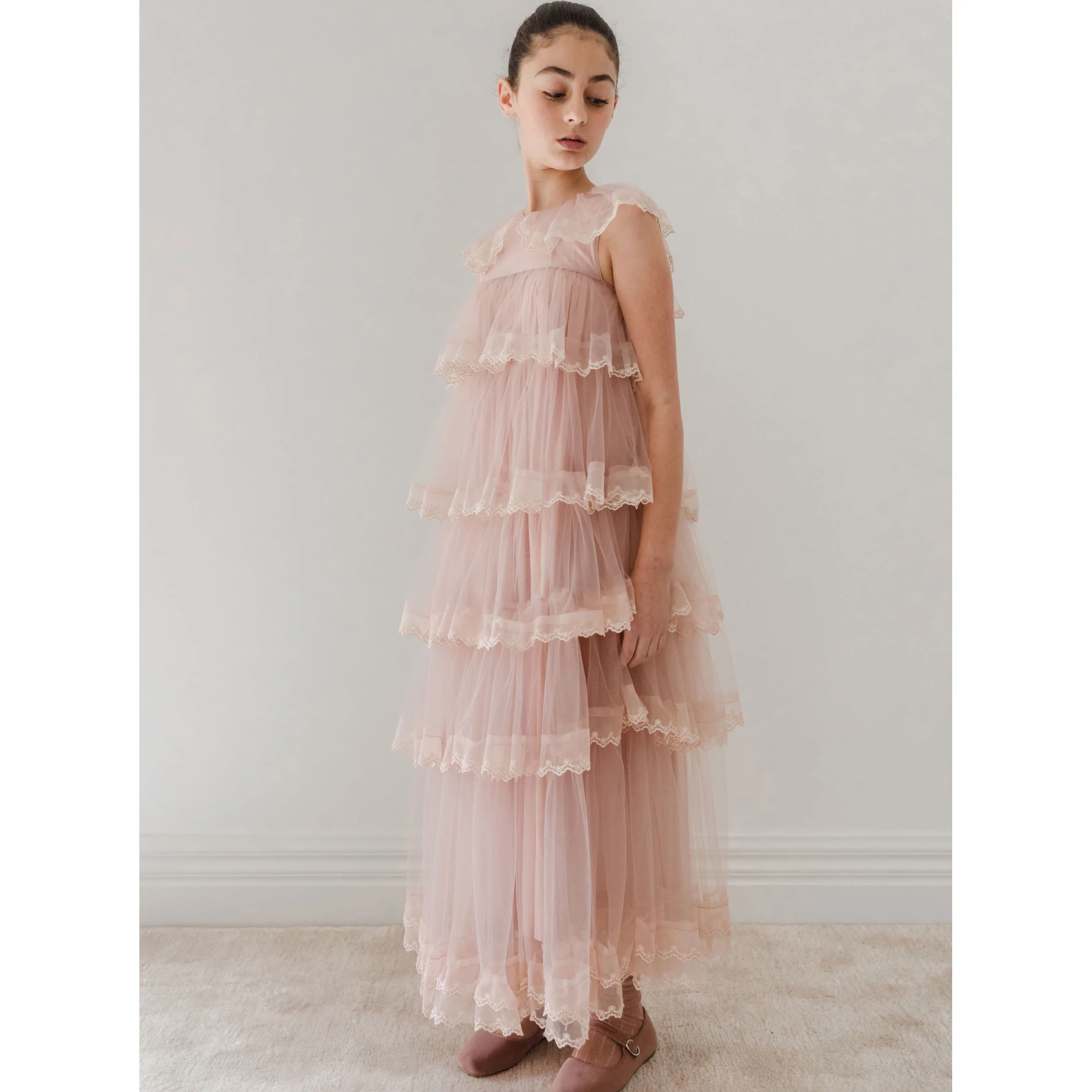 Petite Gold  Mauve Pink Long Sleeve Layers Tulle Gown - Image 2