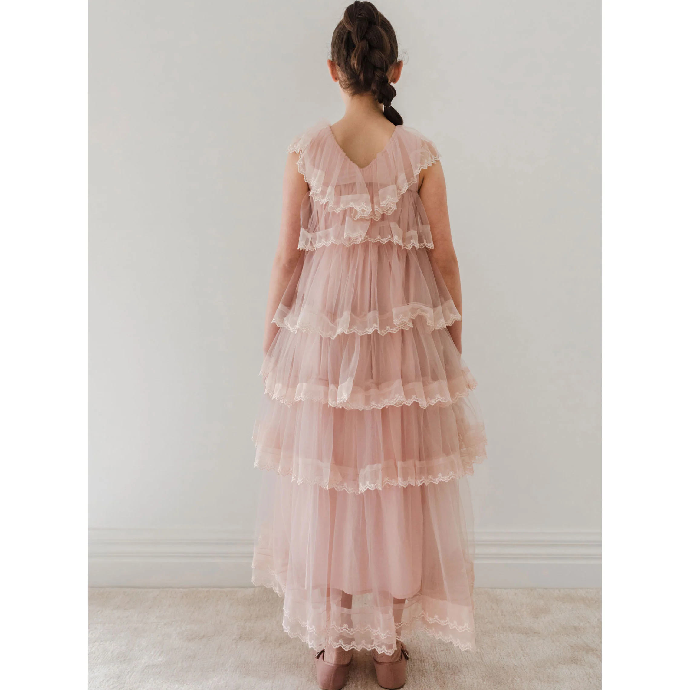 Petite Gold  Mauve Pink Long Sleeve Layers Tulle Gown - Image 4