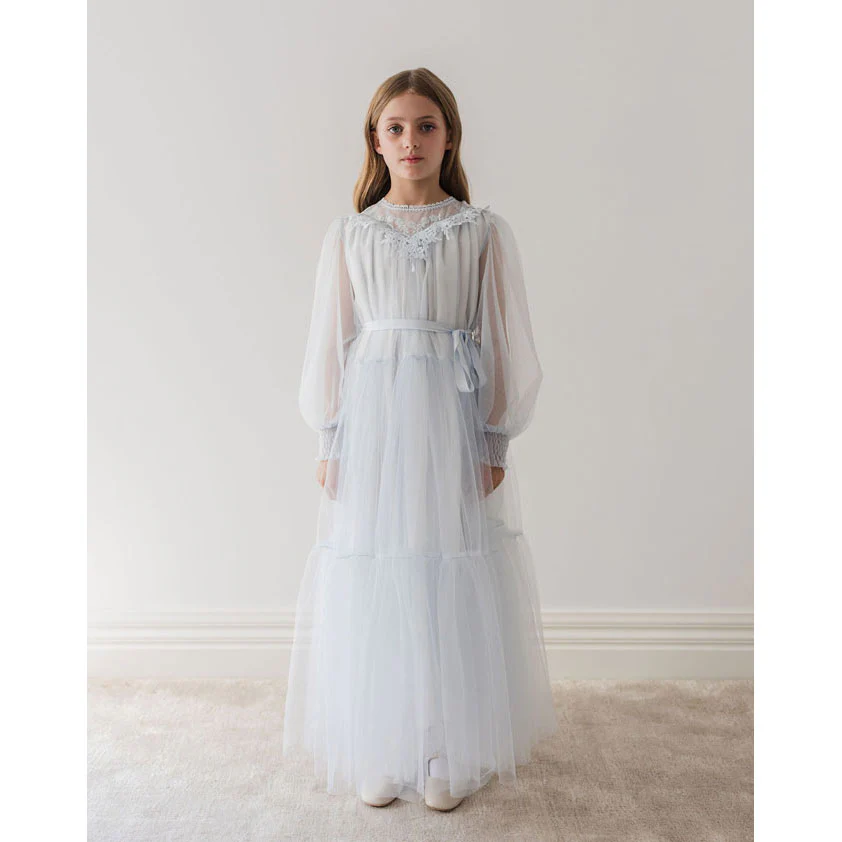 Petite Gold Soft Blue Vintage Yoke Tulle Dress - Image 2