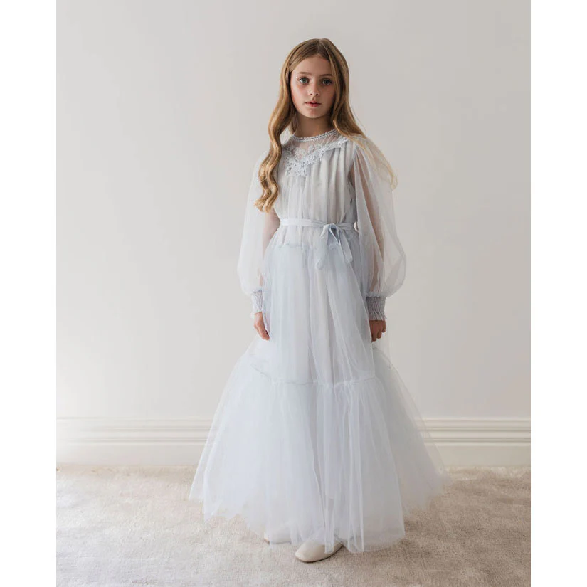 Petite Gold Soft Blue Vintage Yoke Tulle Dress - Image 3