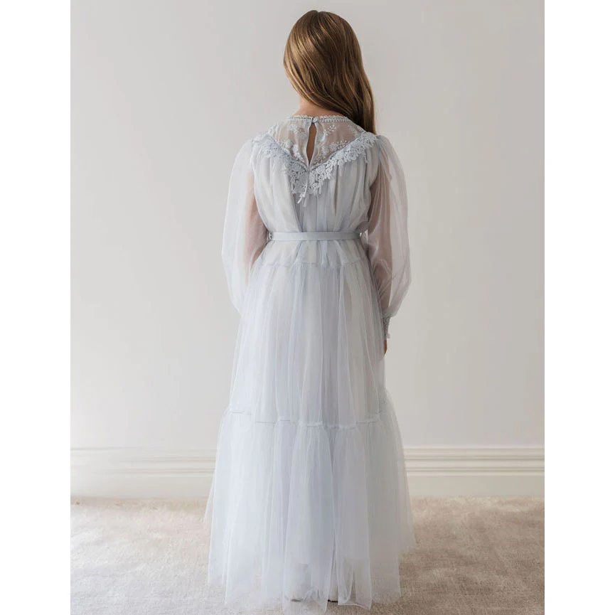 Petite Gold Soft Blue Vintage Yoke Tulle Dress - Image 4