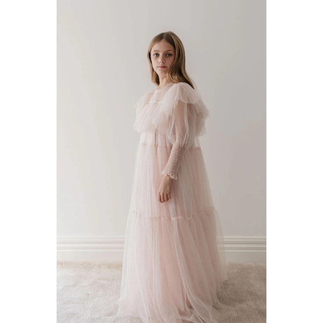 Petite Gold Soft Pink Glitter Tulle Gown - Image 3