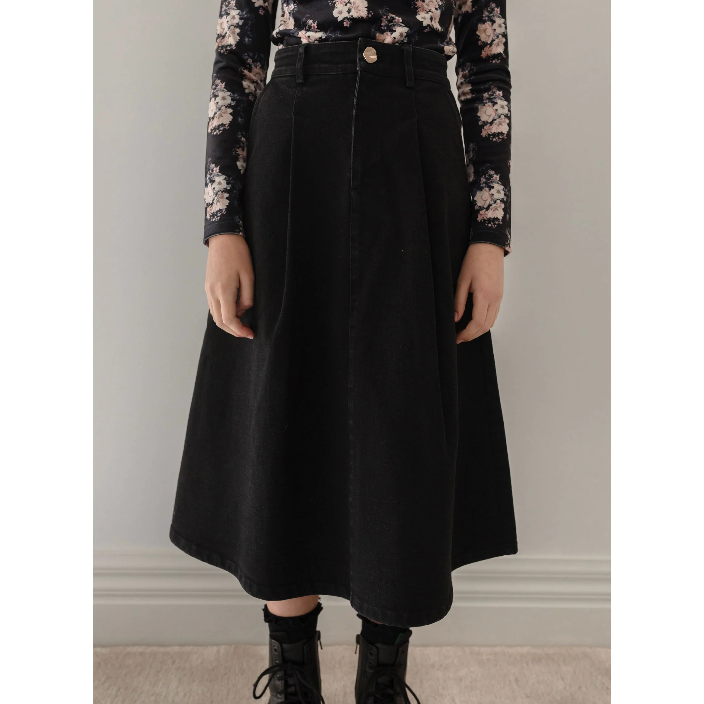 Petite Pink Black Denim Pleat Front Skirt - Image 3