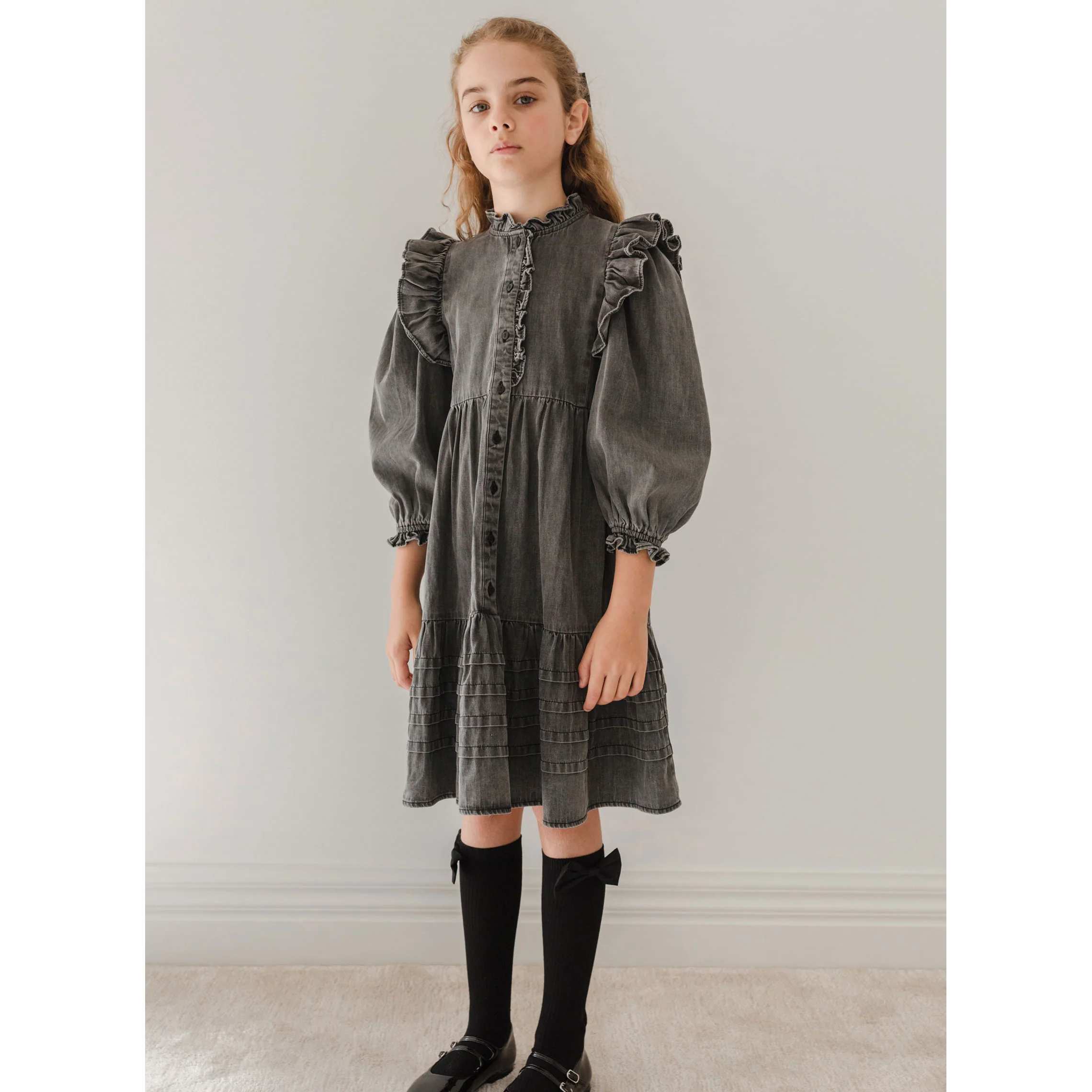 Petite Pink Black Wash Chambray Lace Collar Dress - Image 2