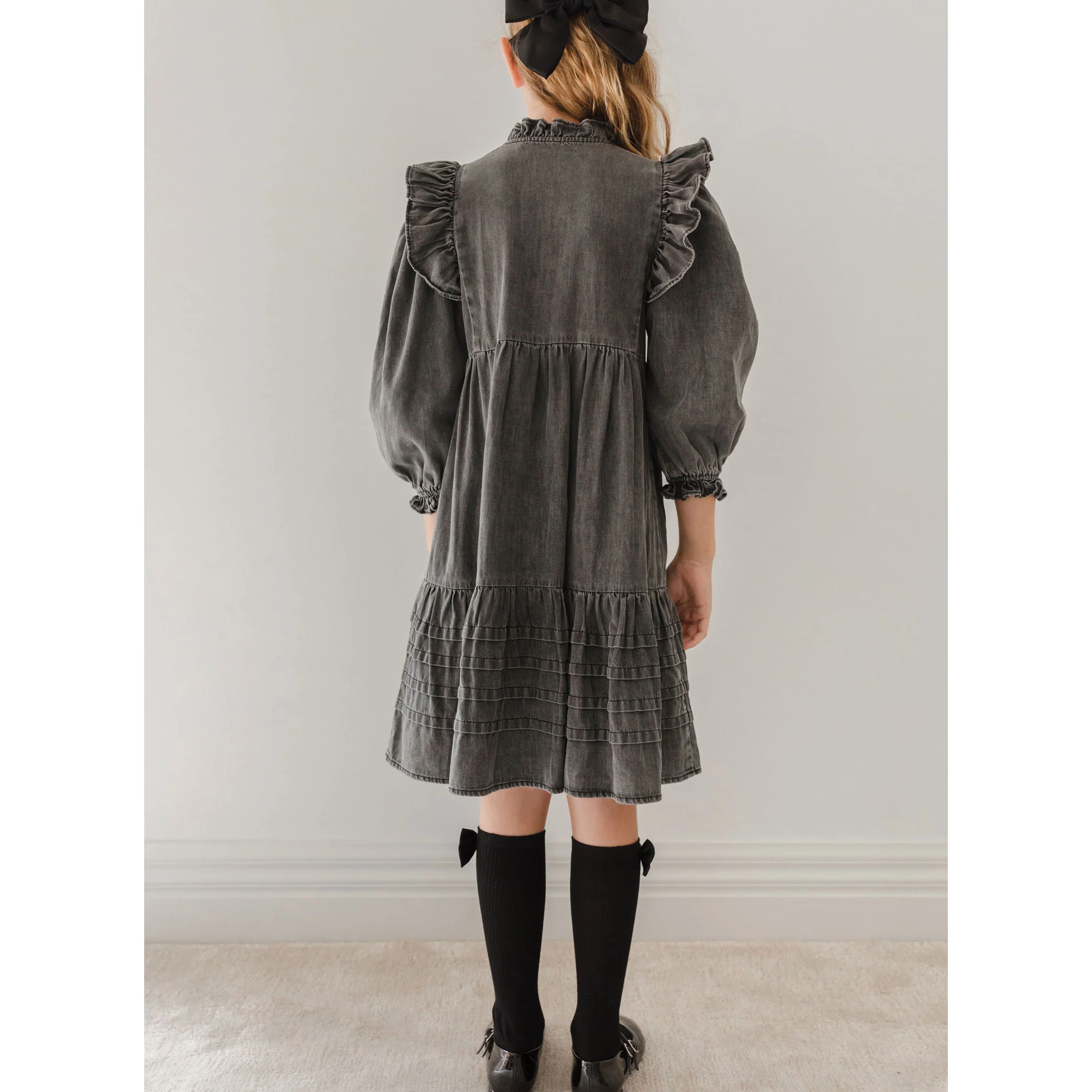 Petite Pink Black Wash Chambray Lace Collar Dress - Image 4