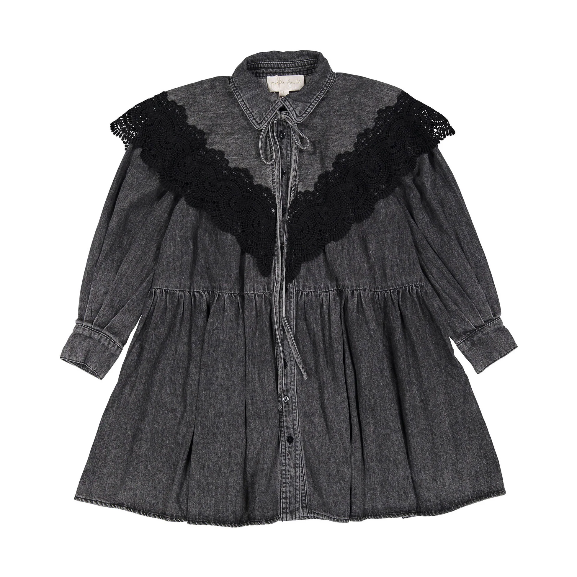 Petite Pink Black Wash Chambray Lace Collar Dress