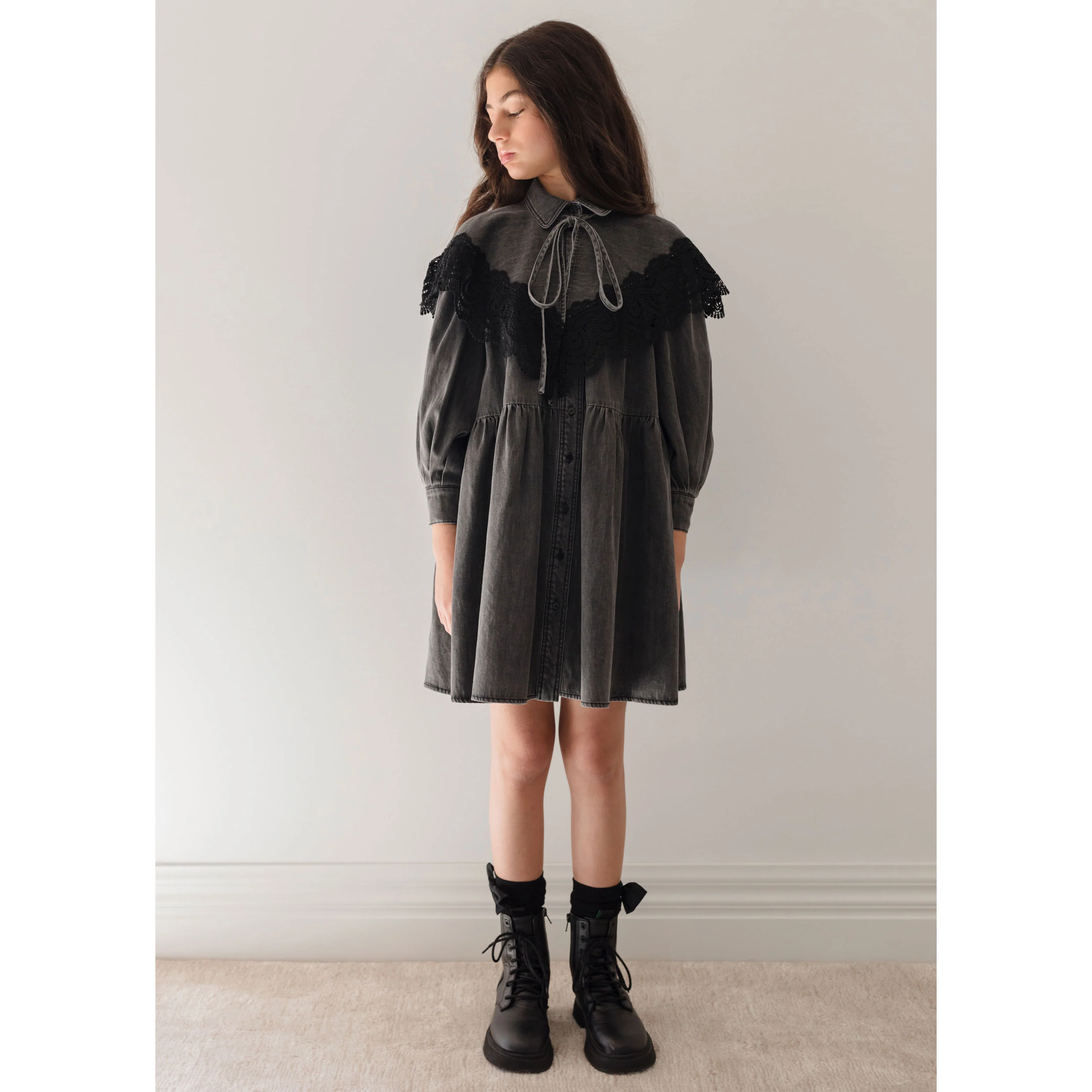Petite Pink Black Wash Chambray Lace Collar Dress - Image 2