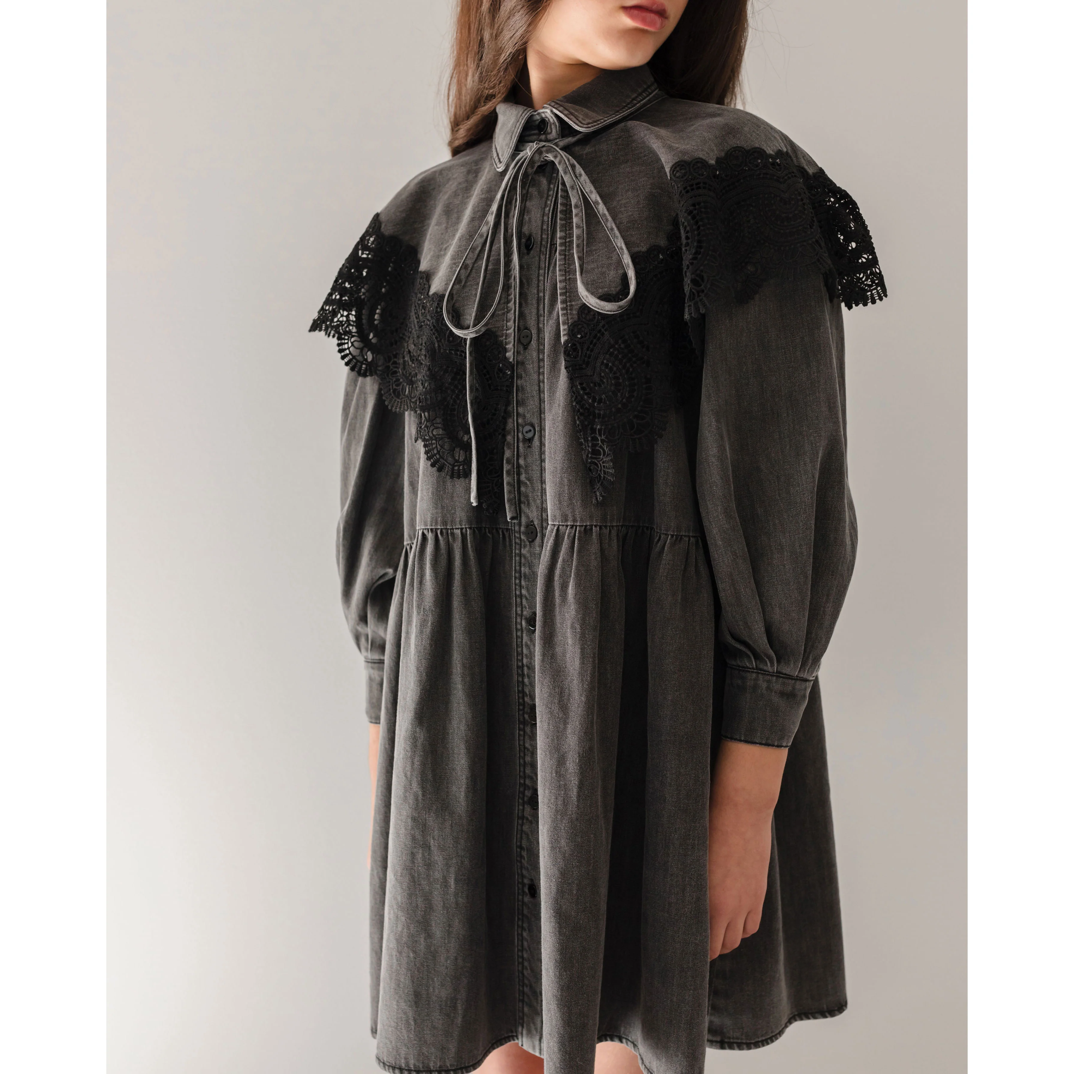 Petite Pink Black Wash Chambray Lace Collar Dress - Image 3