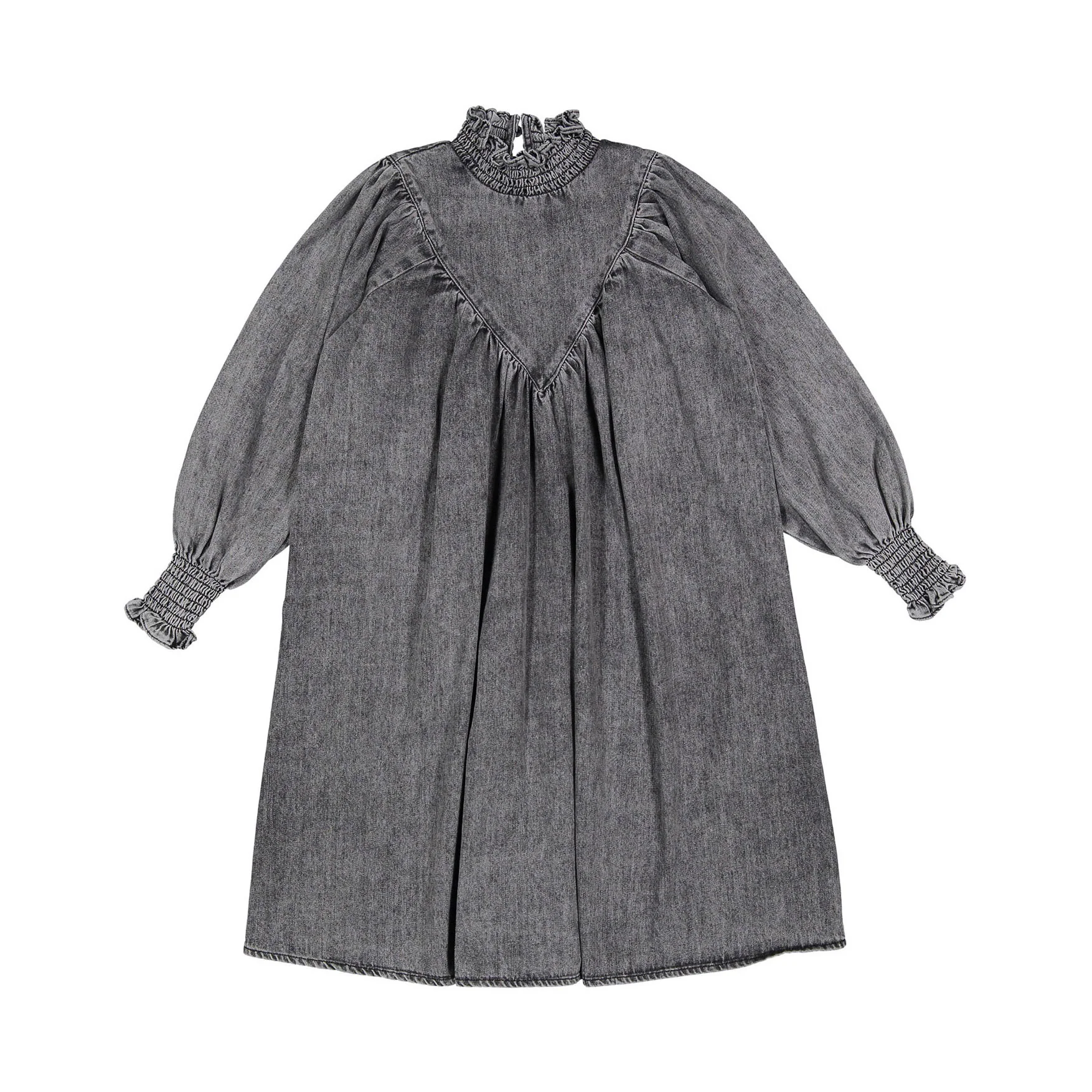 Petite Pink Black Wash Chambray Shirred Neck Babydoll Dress