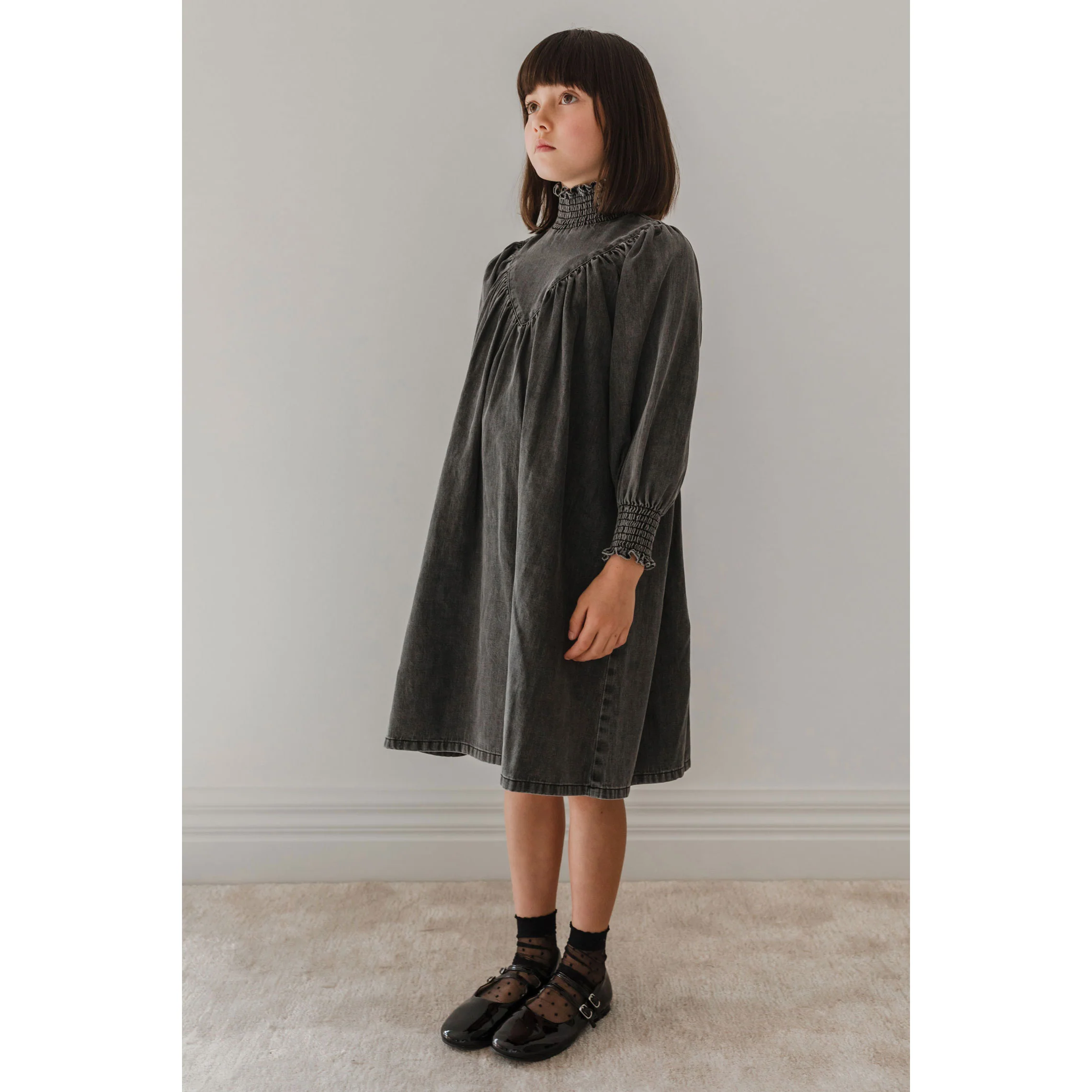 Petite Pink Black Wash Chambray Shirred Neck Babydoll Dress - Image 2