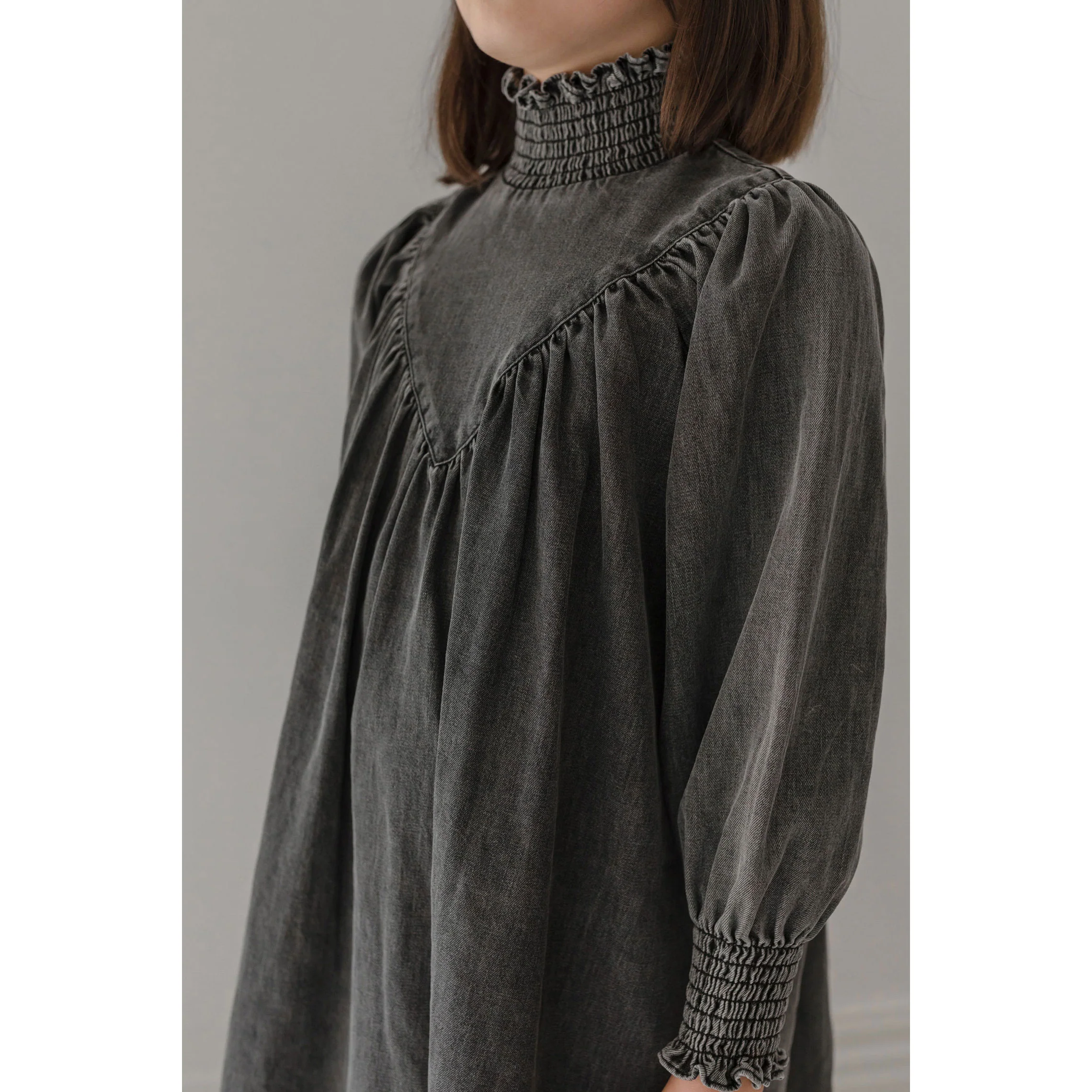 Petite Pink Black Wash Chambray Shirred Neck Babydoll Dress - Image 3