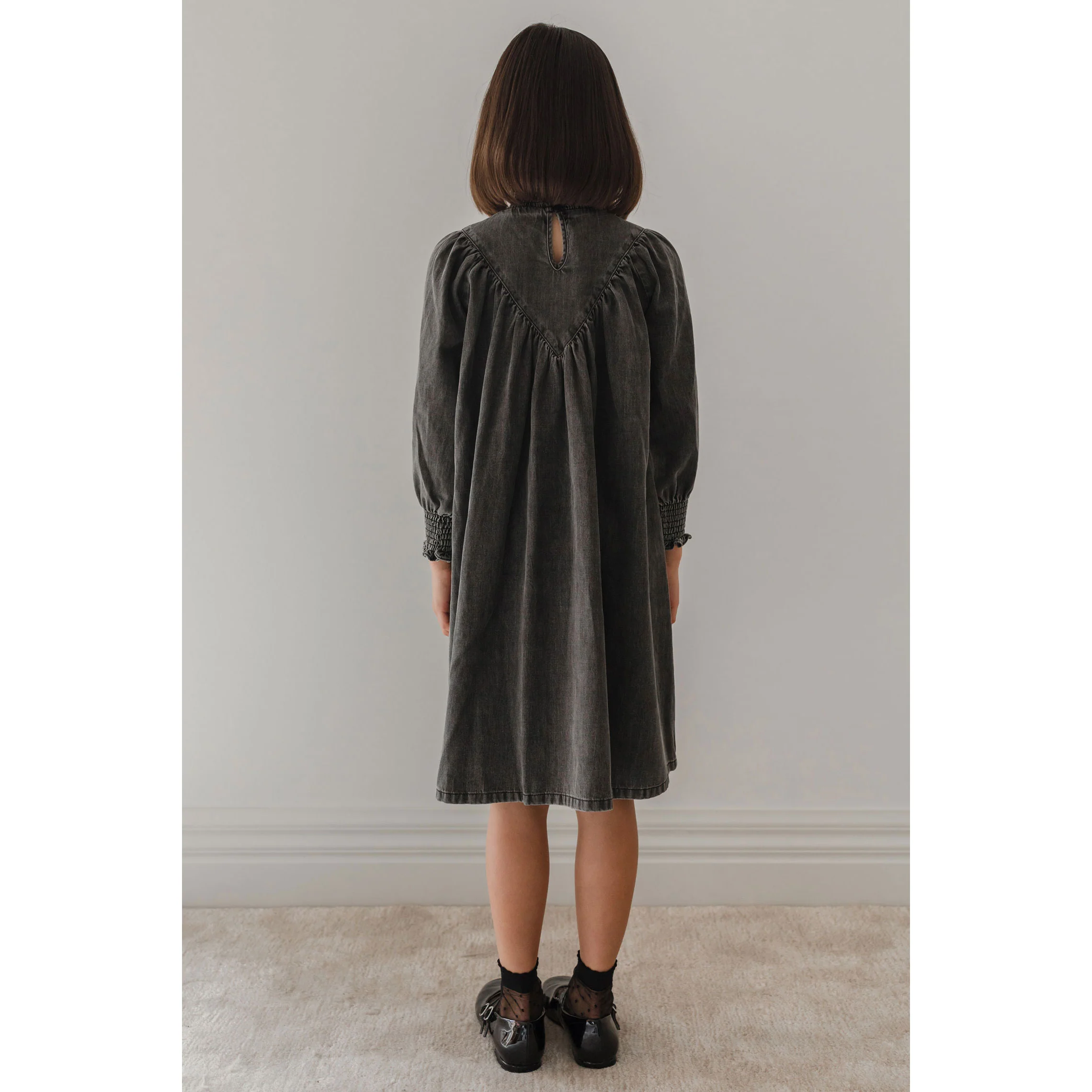 Petite Pink Black Wash Chambray Shirred Neck Babydoll Dress - Image 4