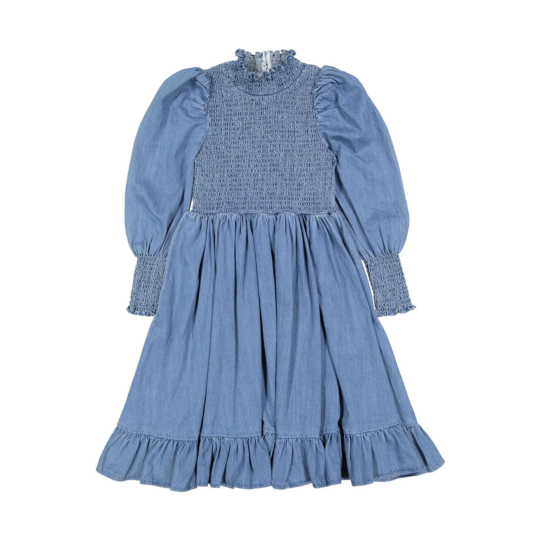 Petite Pink Dark Blue Chambray Shirred Dress