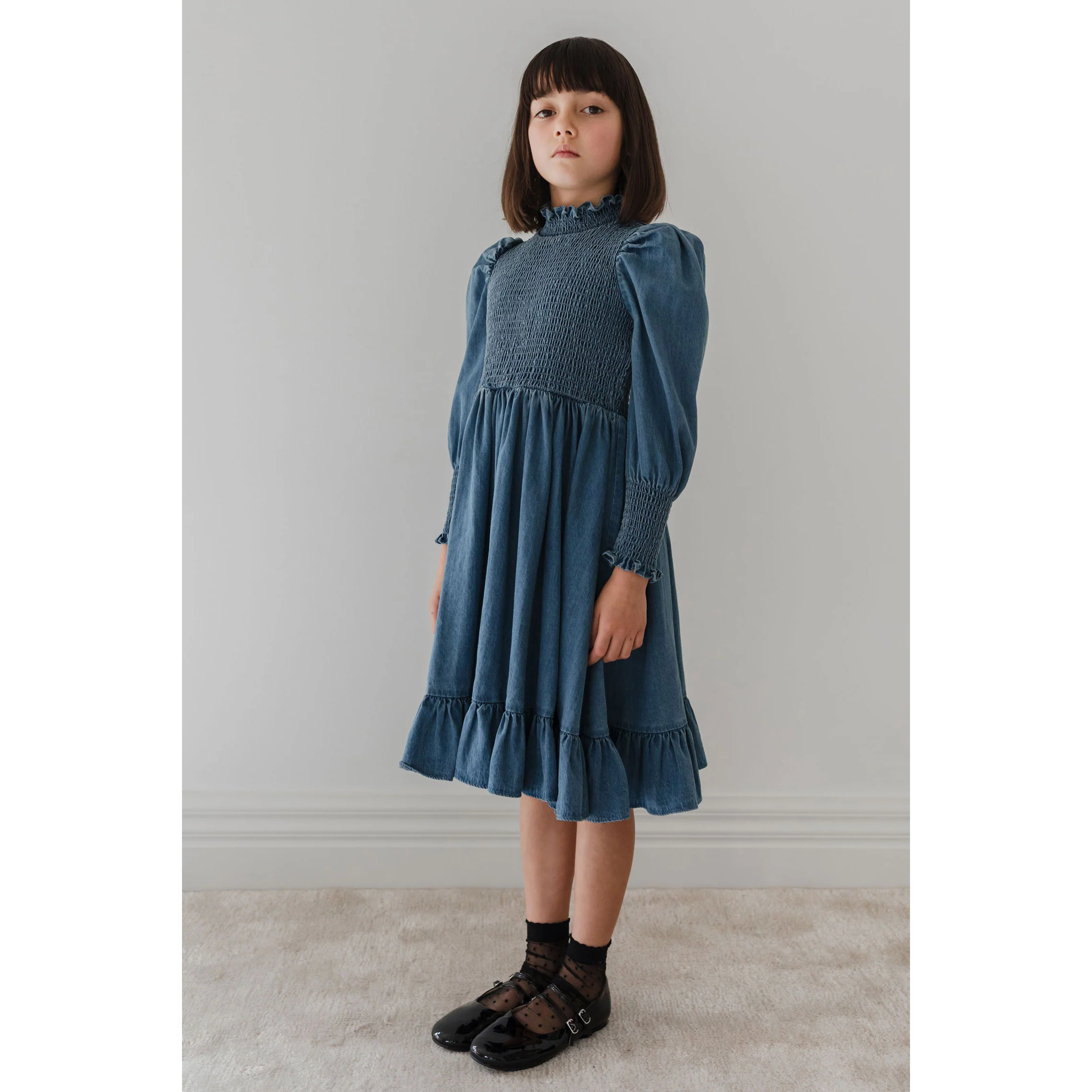 Petite Pink Dark Blue Chambray Shirred Dress - Image 2