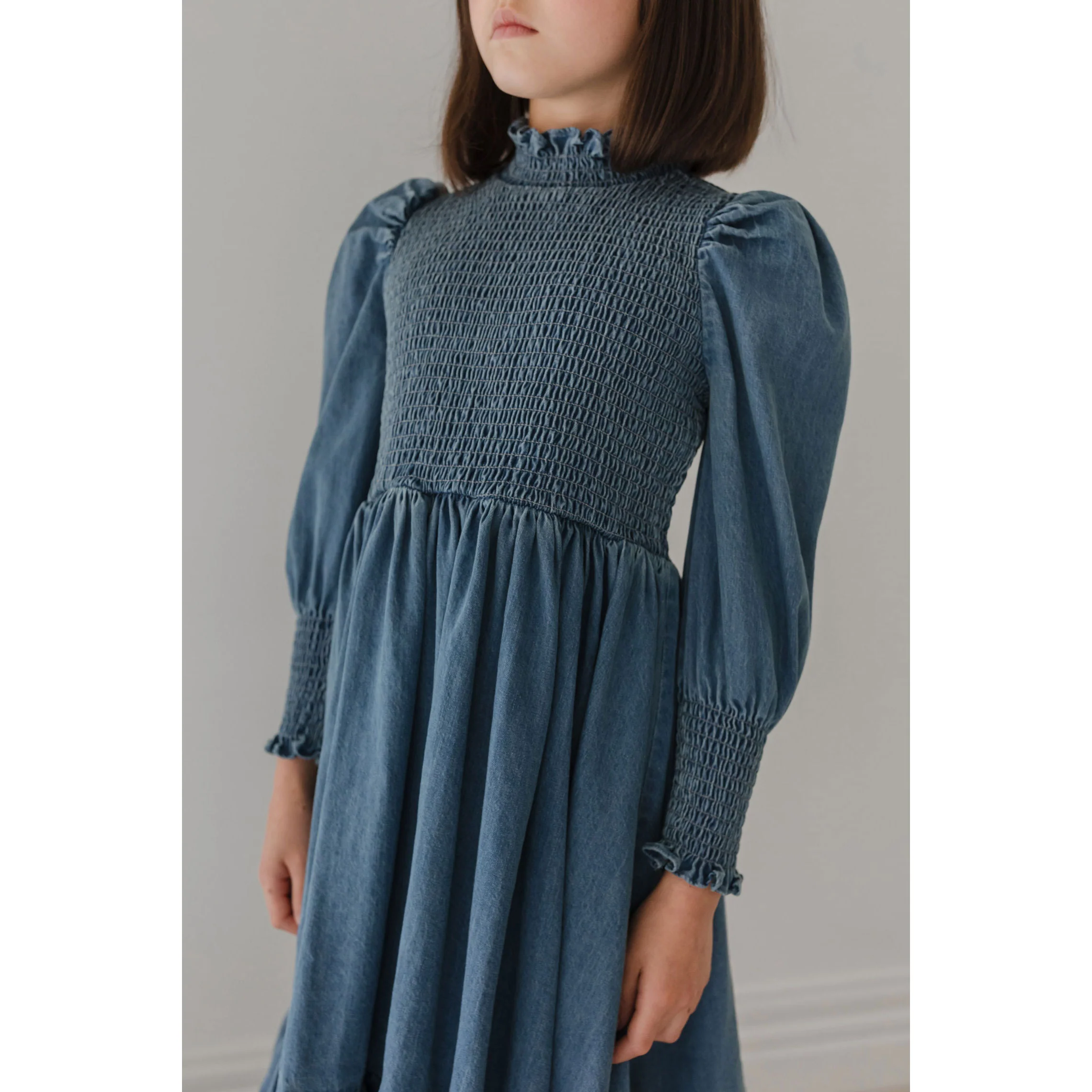 Petite Pink Dark Blue Chambray Shirred Dress - Image 3