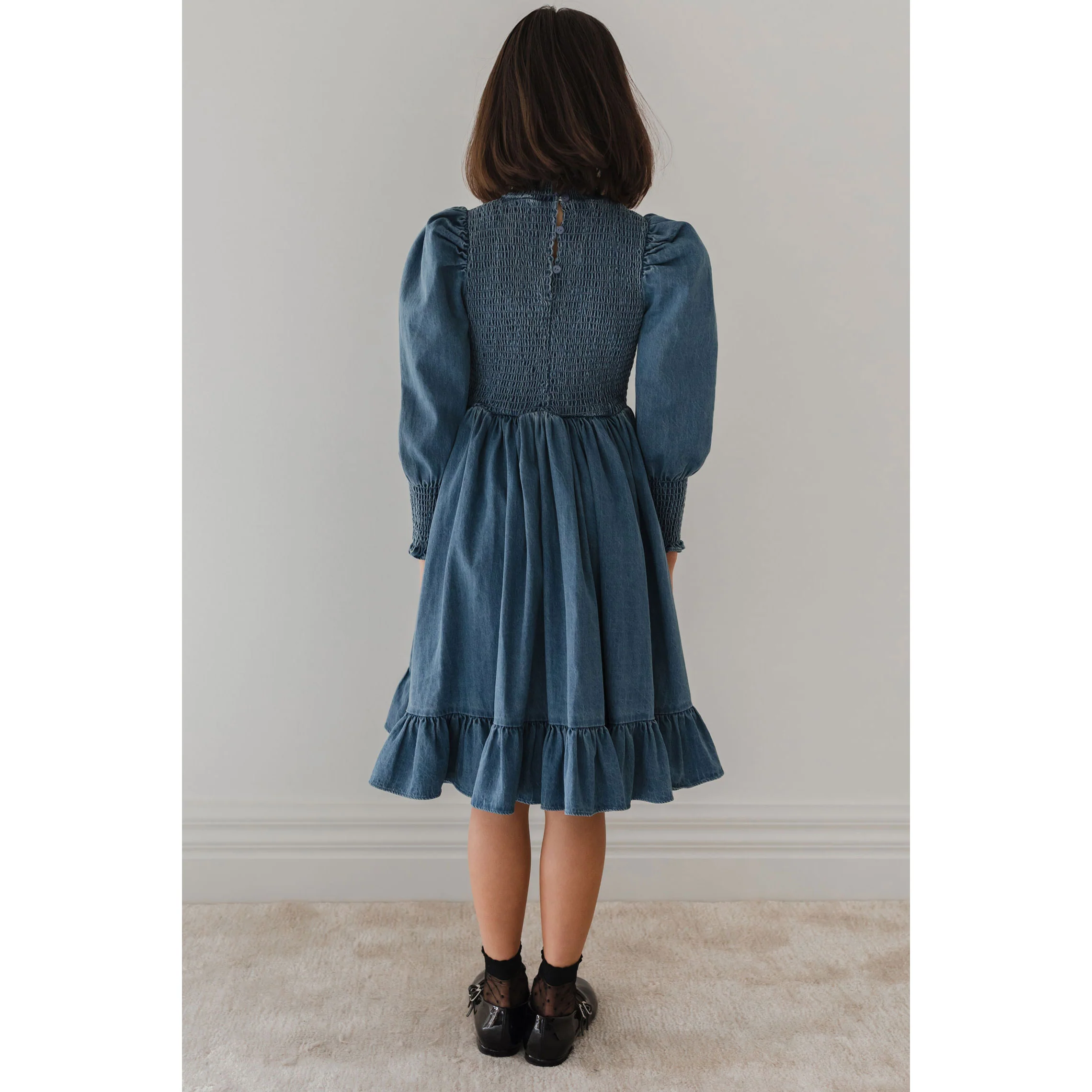 Petite Pink Dark Blue Chambray Shirred Dress - Image 4