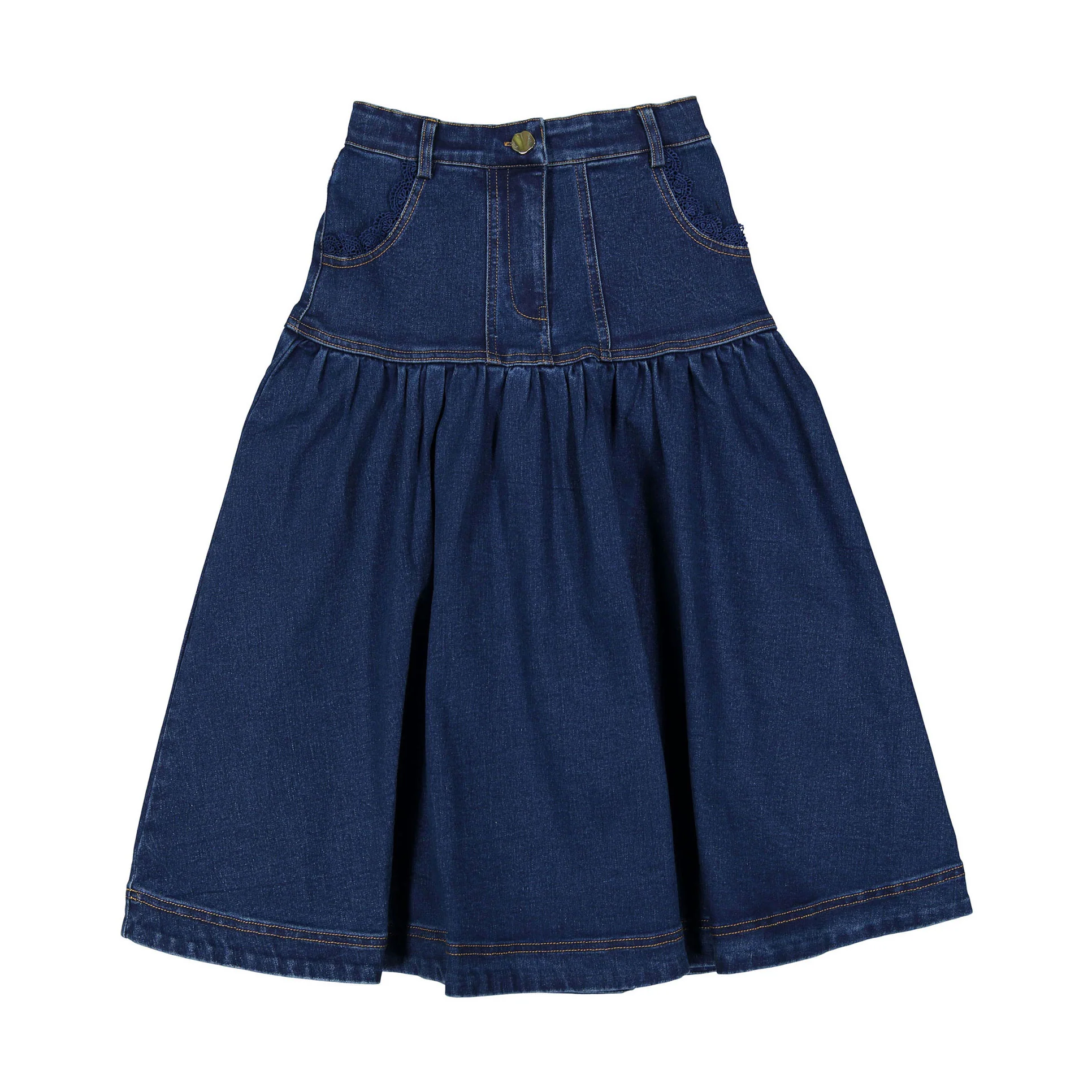 Petite Pink Long Denim Skirt With Lace Pocket