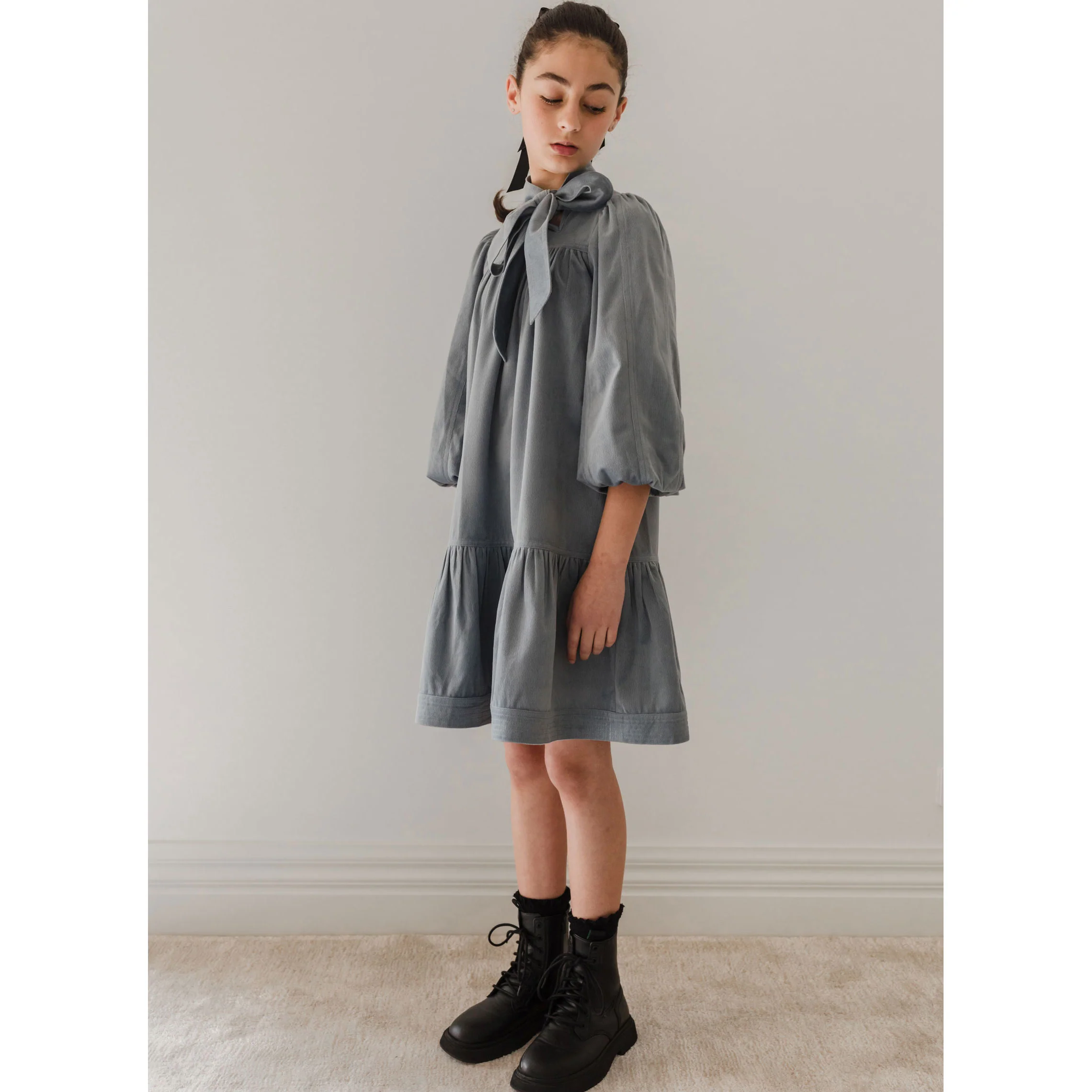 Petite Pink Steel Blue Cord Bow Neck Dress - Image 2