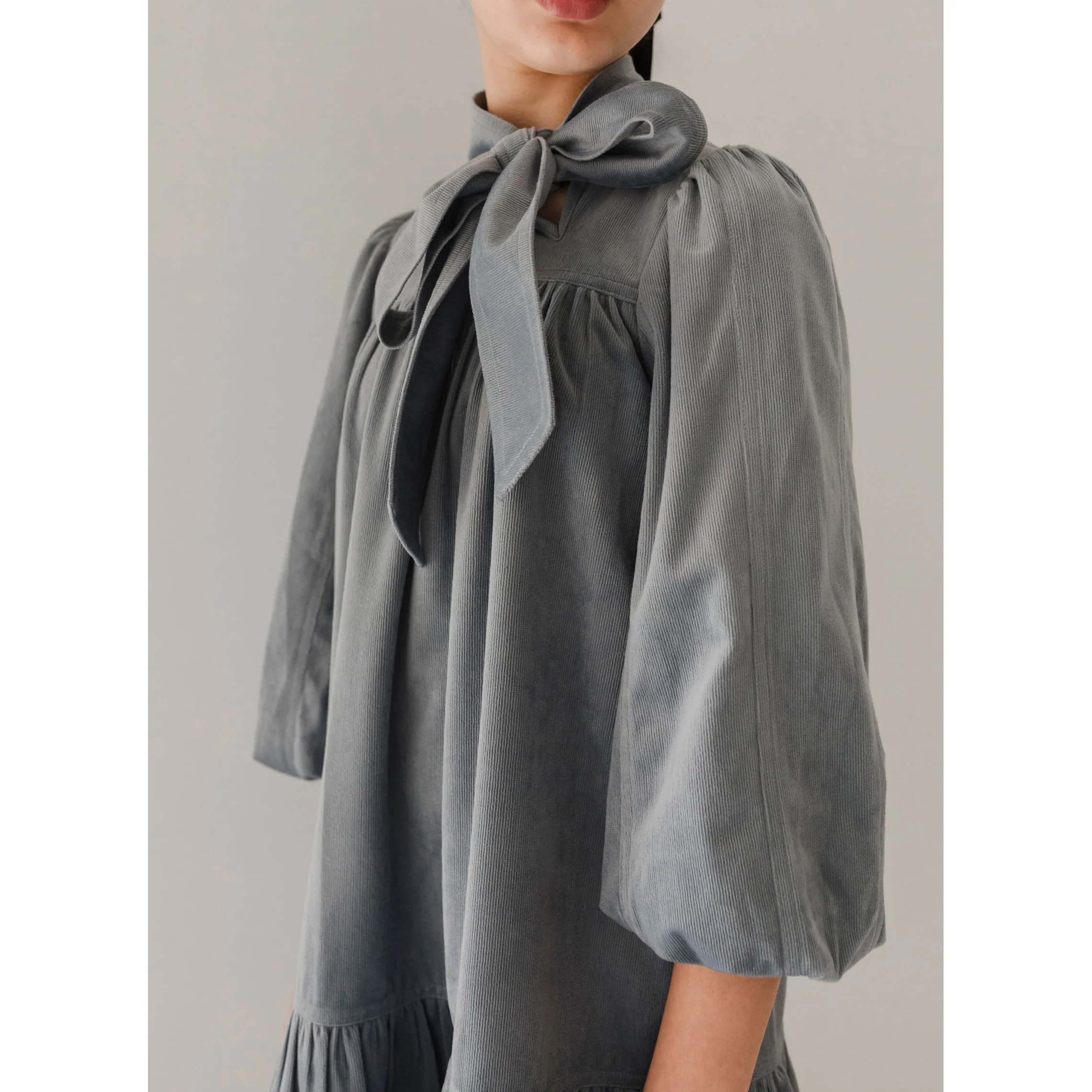 Petite Pink Steel Blue Cord Bow Neck Dress - Image 3