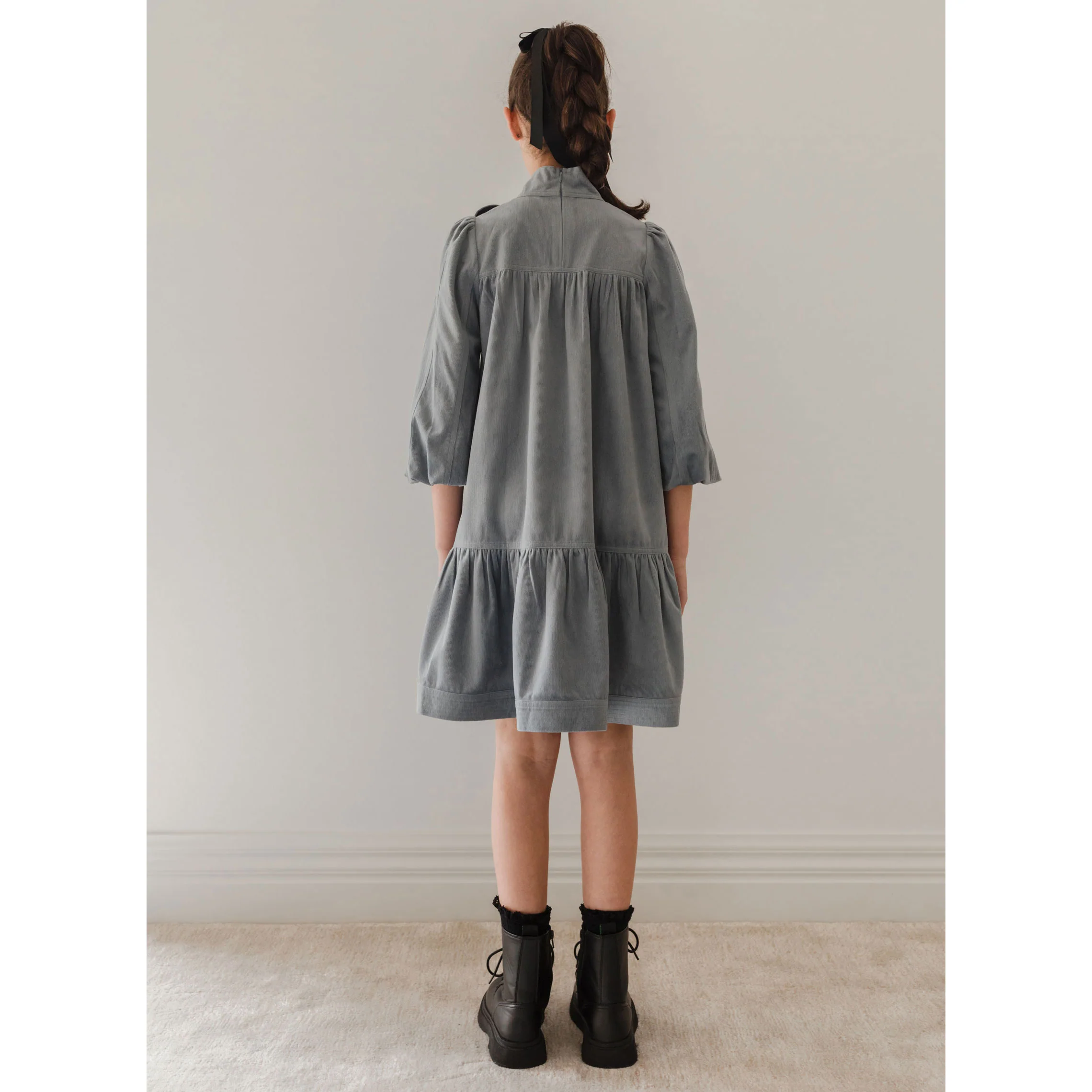 Petite Pink Steel Blue Cord Bow Neck Dress - Image 4