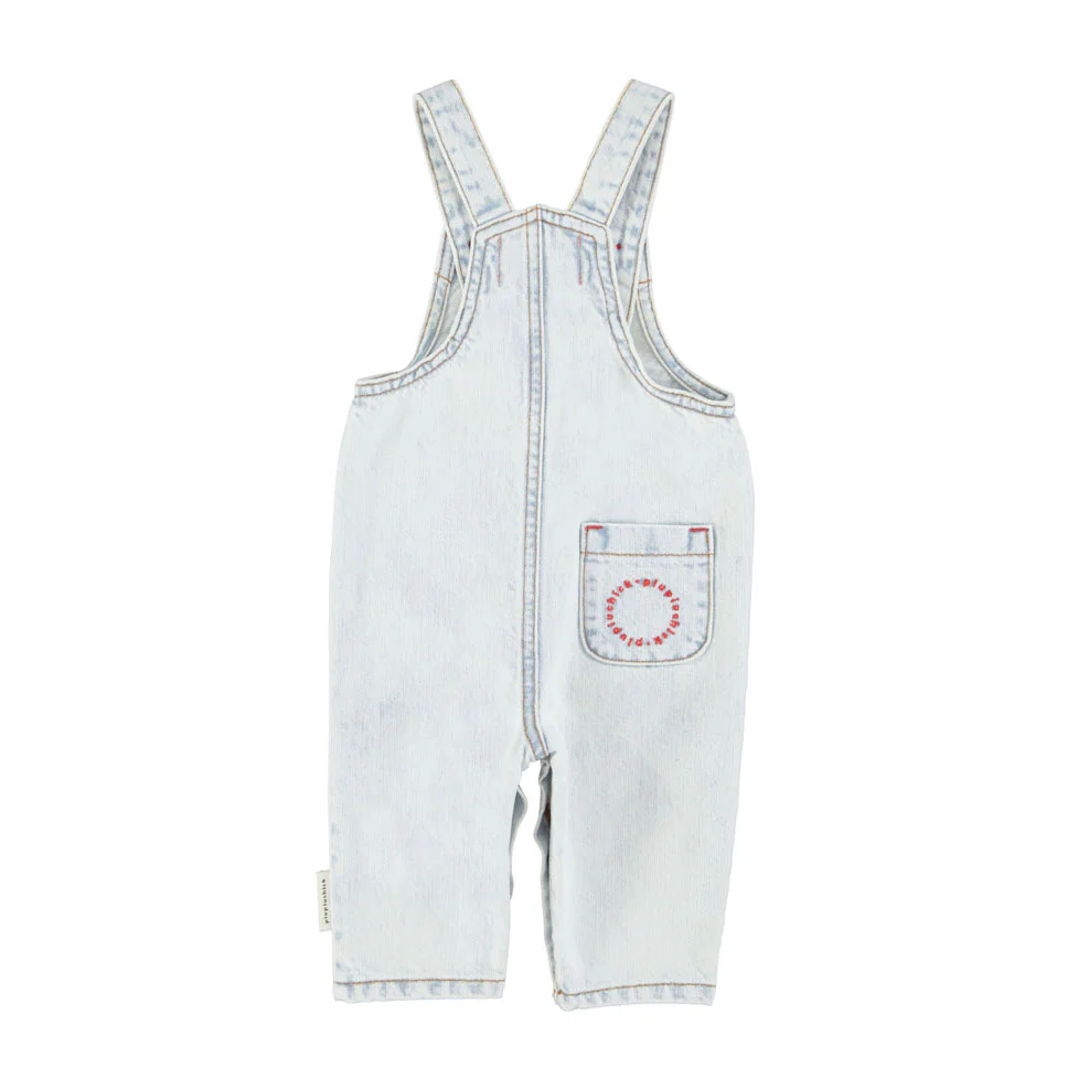 Piupiuchick Washed Light Blue Denim "Peace" Print Baby Dungarees - Image 2