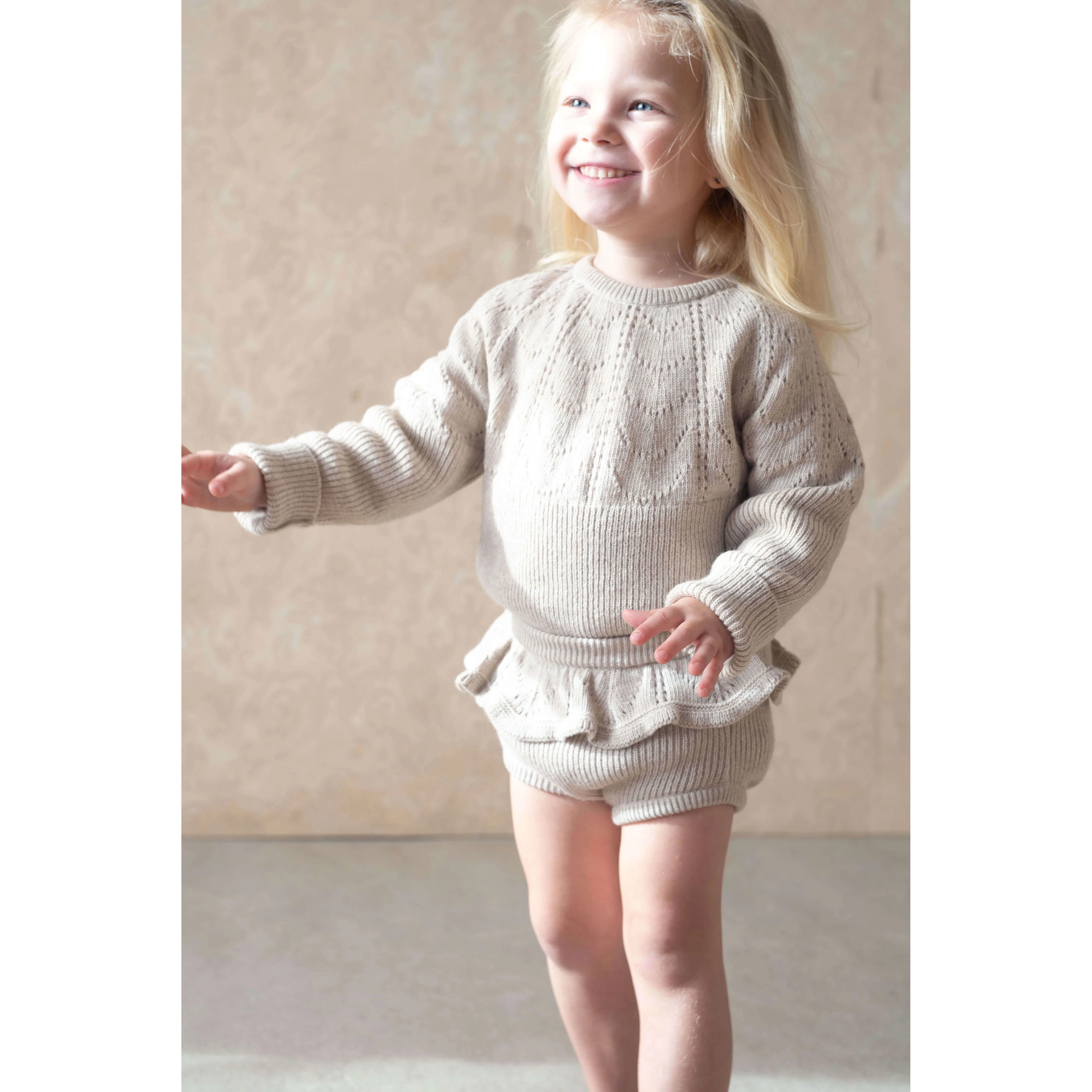 Popelin Beige Openwork Knit Romper - Image 2