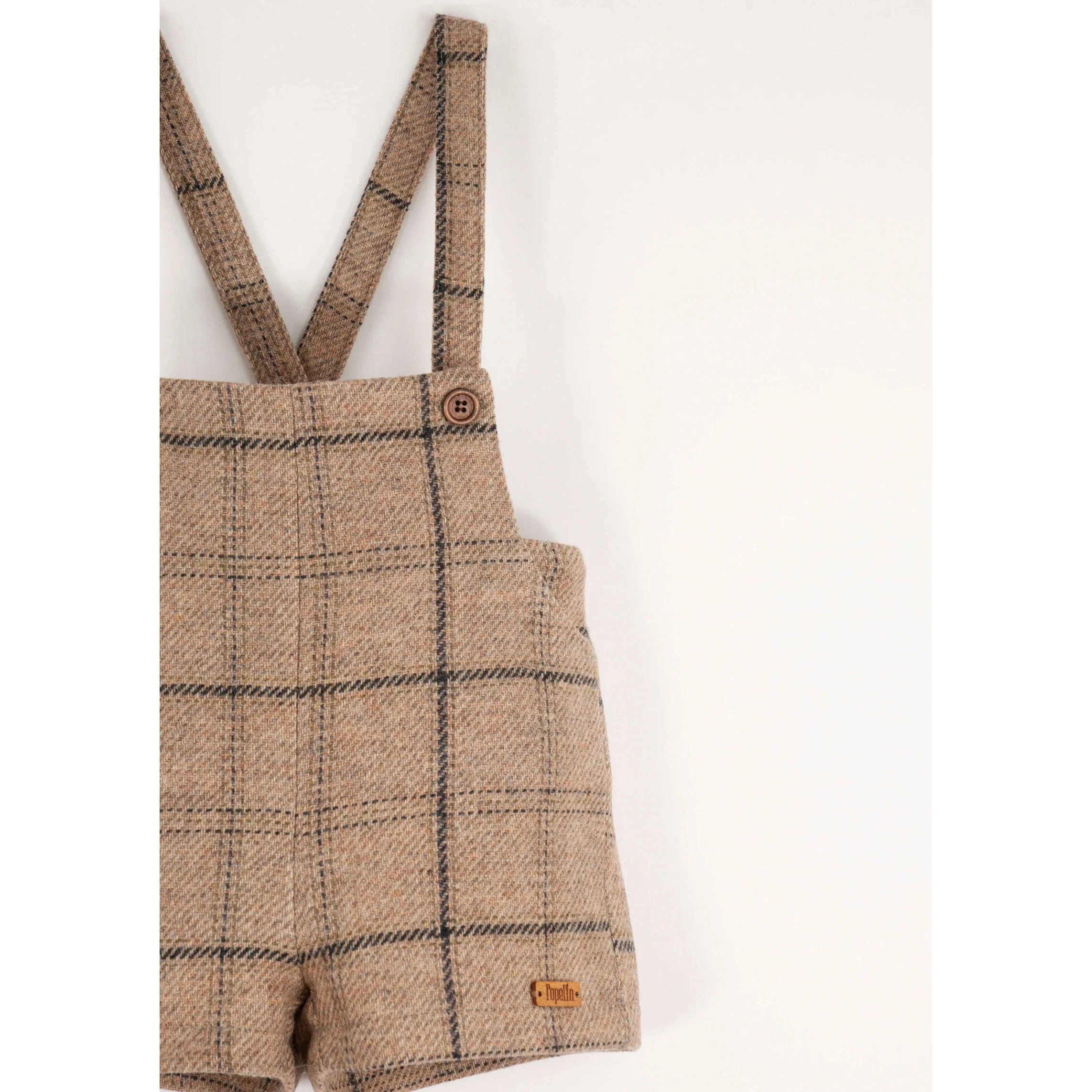 Popelin Beige Plaid Wool Suspender Shorts - Image 5