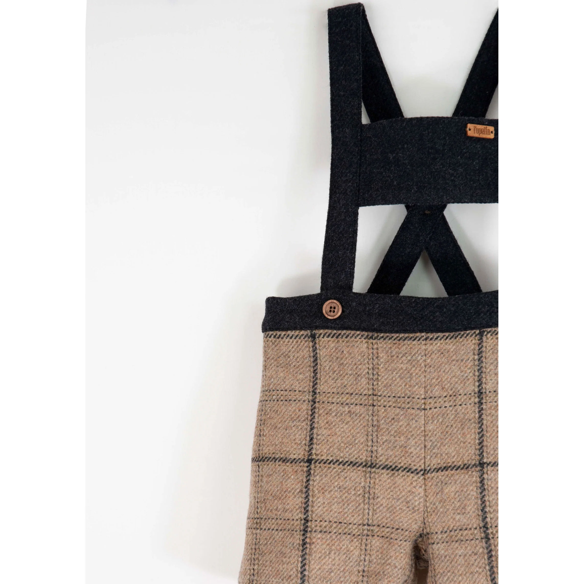 Popelin Beige Plaid Wool Suspender Short - Image 3